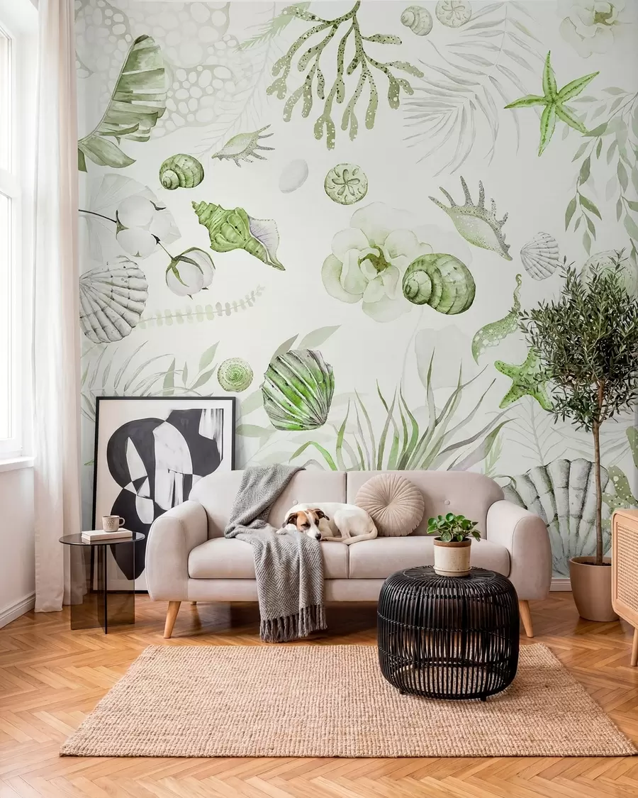 Fototapet Akvarel mořský vzor, boho styl, mušle, korály, bavlna, zelené barvy w00851v2
