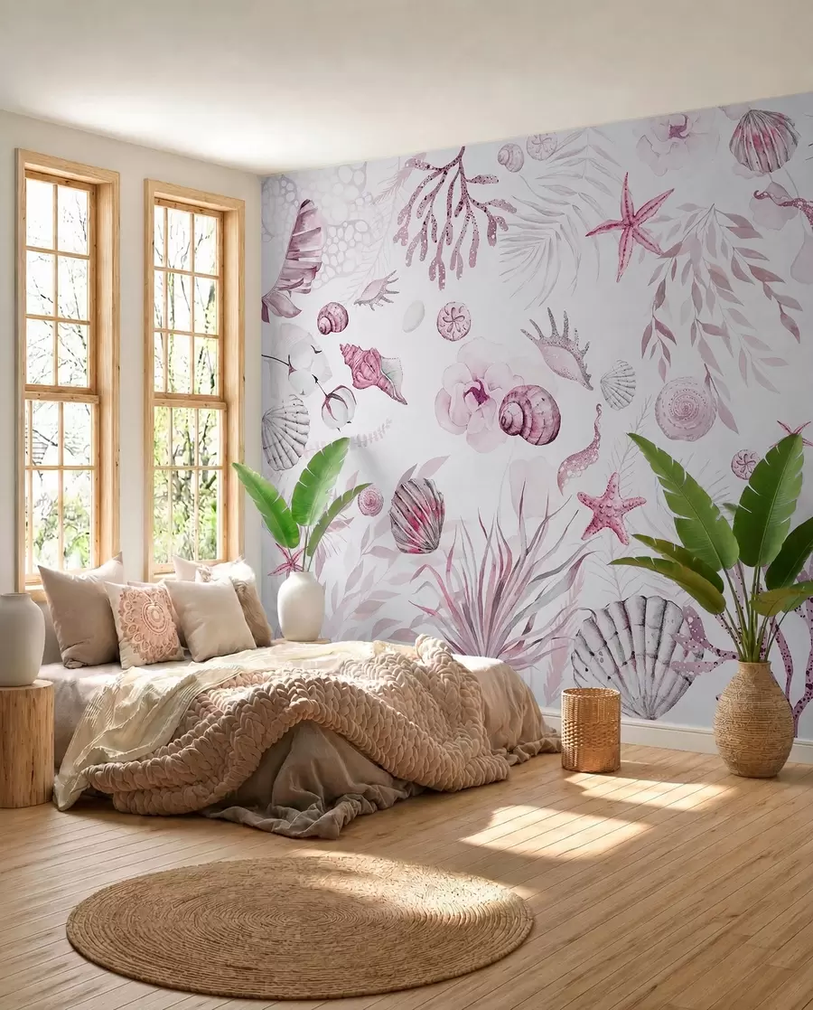 Fototapet Akvarel mořský vzor, boho styl, mušle, korály, bavlna, růžové barvy w00851v3