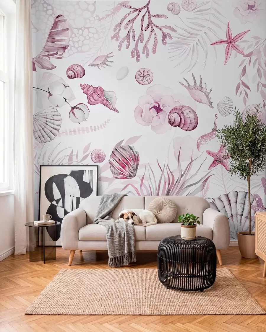 Fototapet Akvarel mořský vzor, boho styl, mušle, korály, bavlna, růžové barvy w00851v3