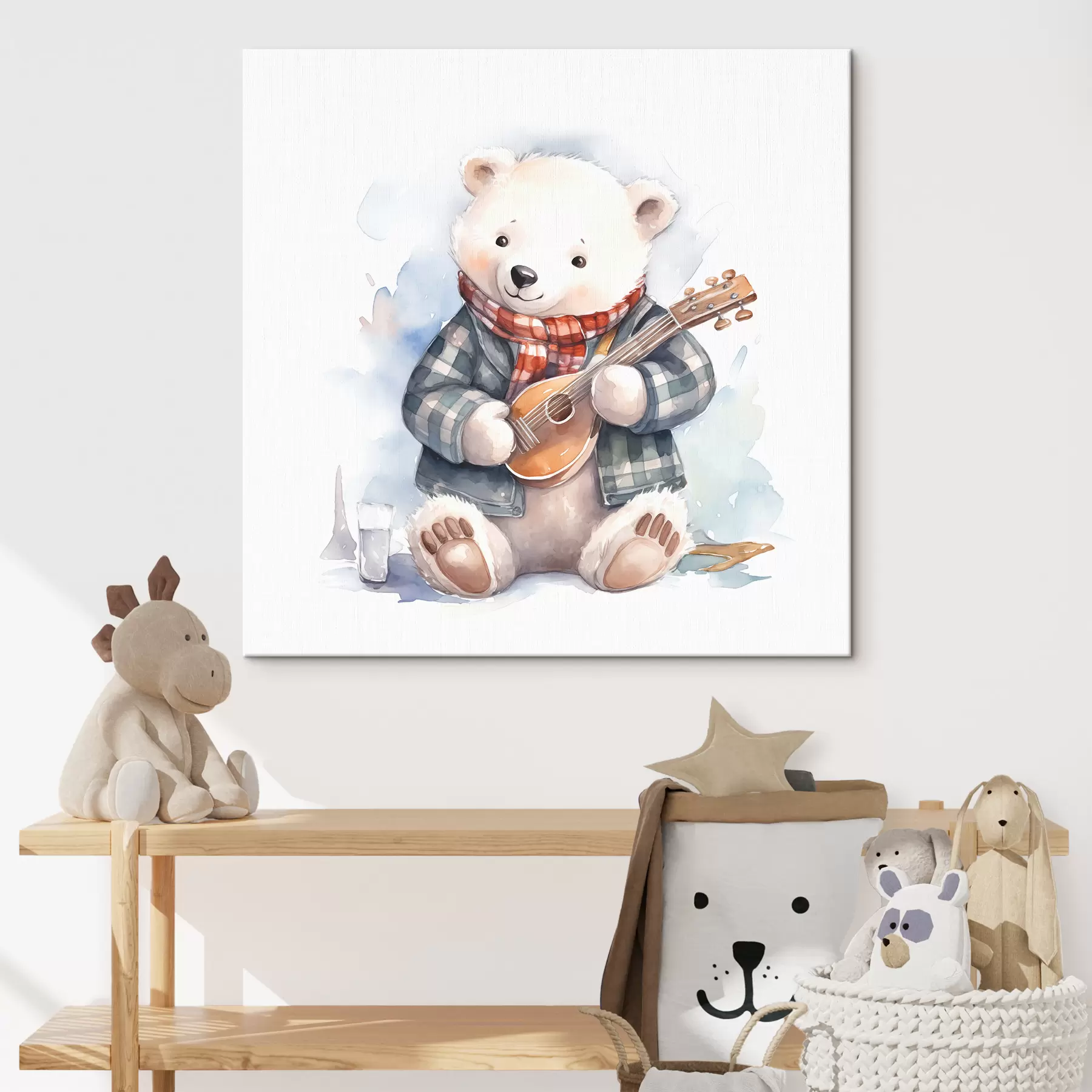Obraz Hudebník ledního medvěda v modrém kostkovaném obleku a červeném šátku hraje na dětské akvarelové ilustraci na kytaru Č. s39120