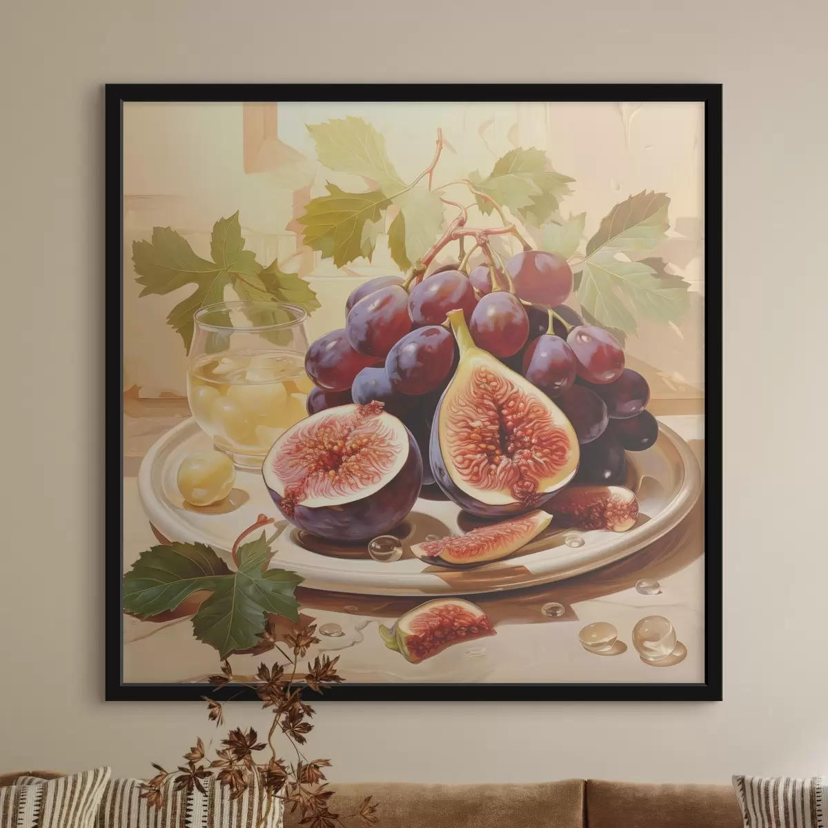Poster Zátiší s modrými hrozny a řezanými fíky na olejomalbě na desce, béžová a růžová barva f39131