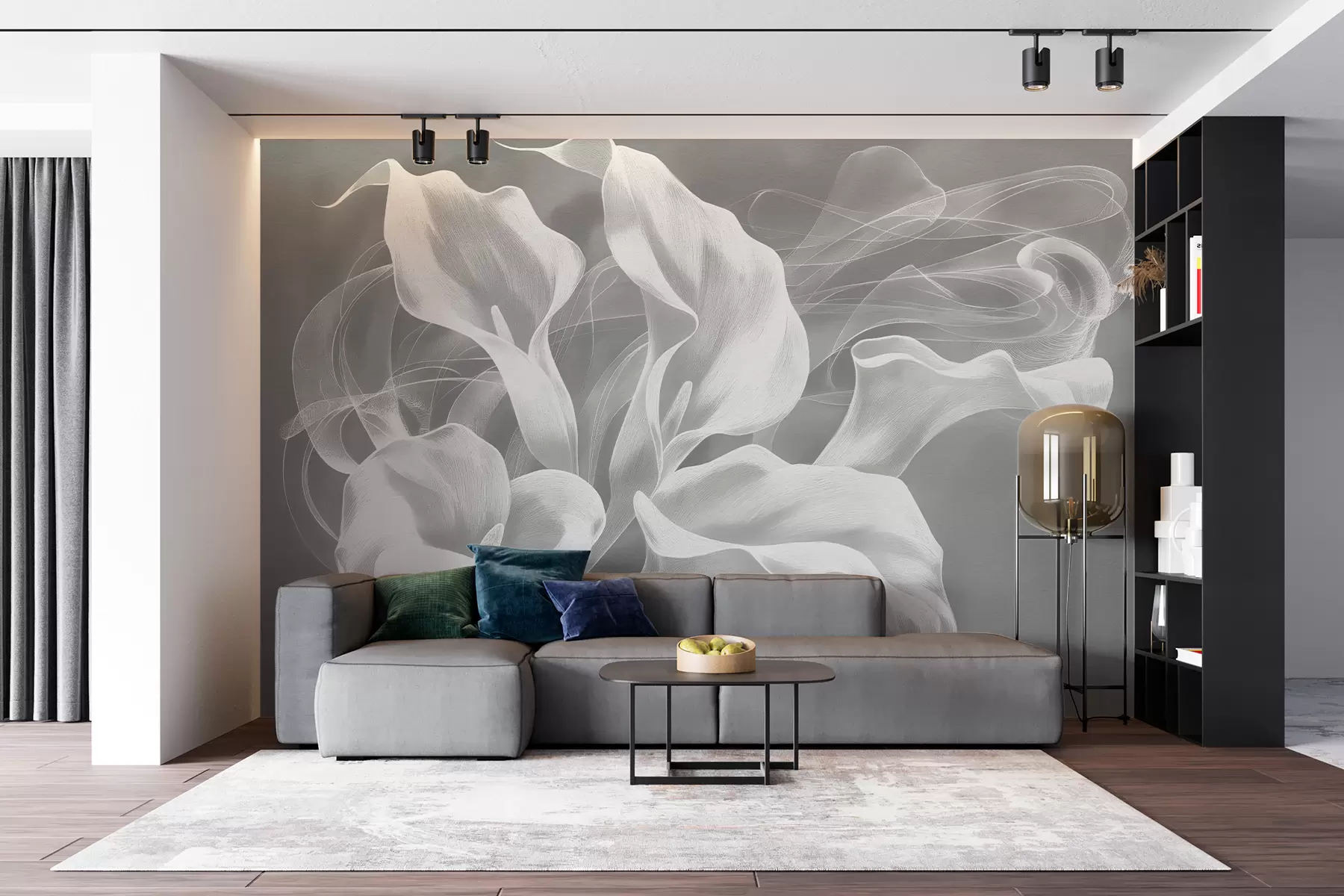 Fototapet abstraktní květiny se závojem na šedém pozadí w01196v4