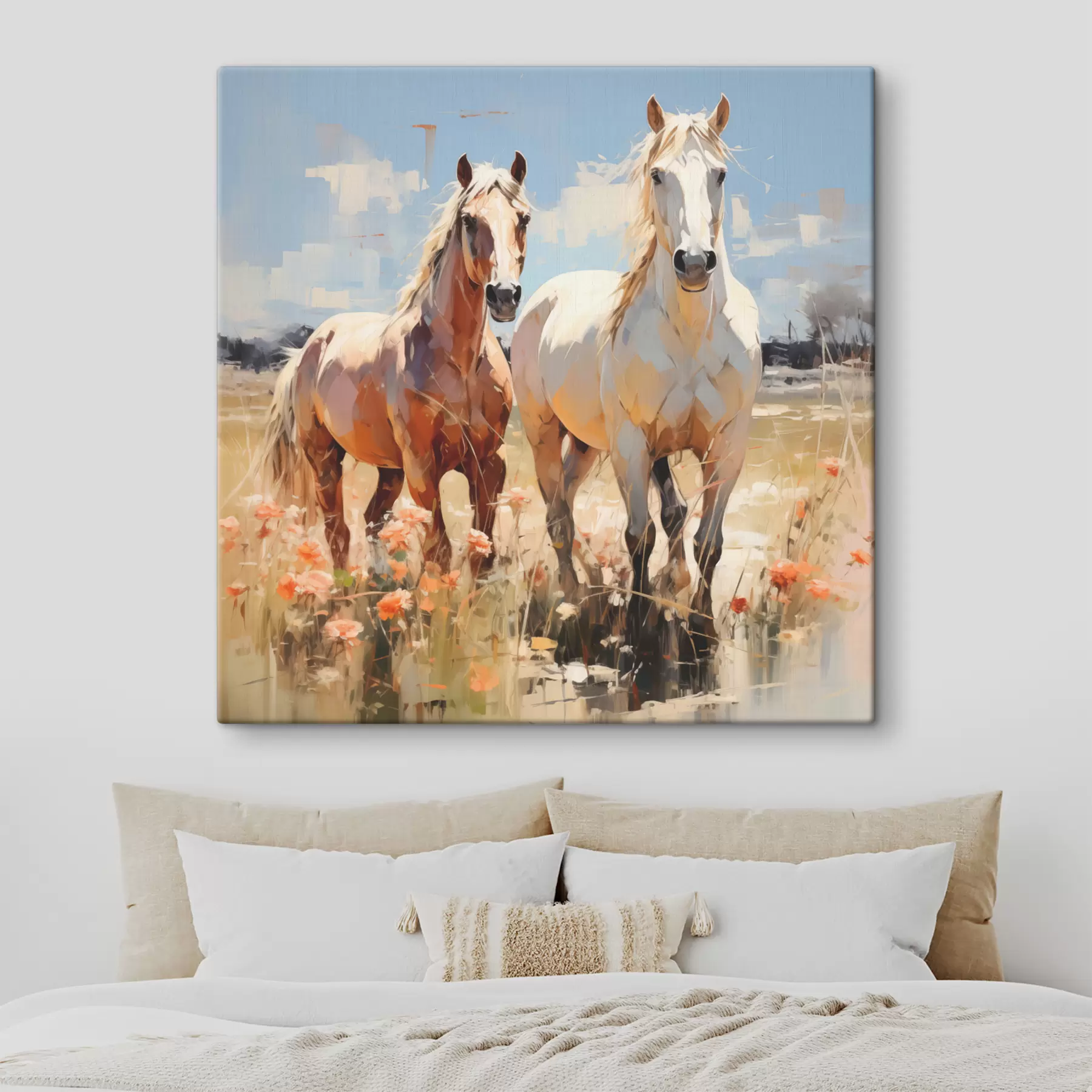 Fototapet Bílí a hnědí koně se pasou na louce mezi květinami, olejomalba abstraktního umění s39187