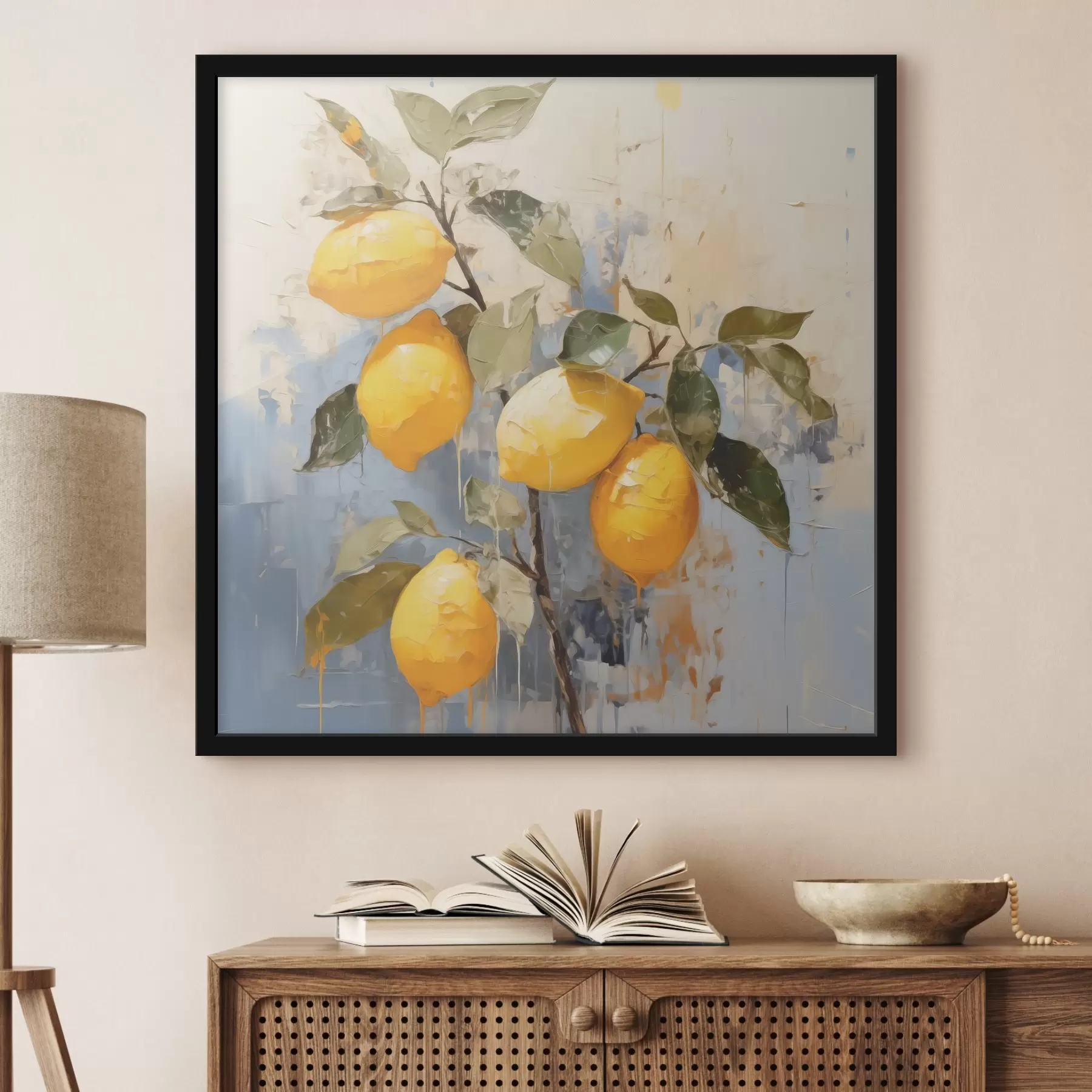 Fototapet Větev se zralými citrony, olejomalba, abstraktní umění, žlutá, modrá a zelená barva f39186