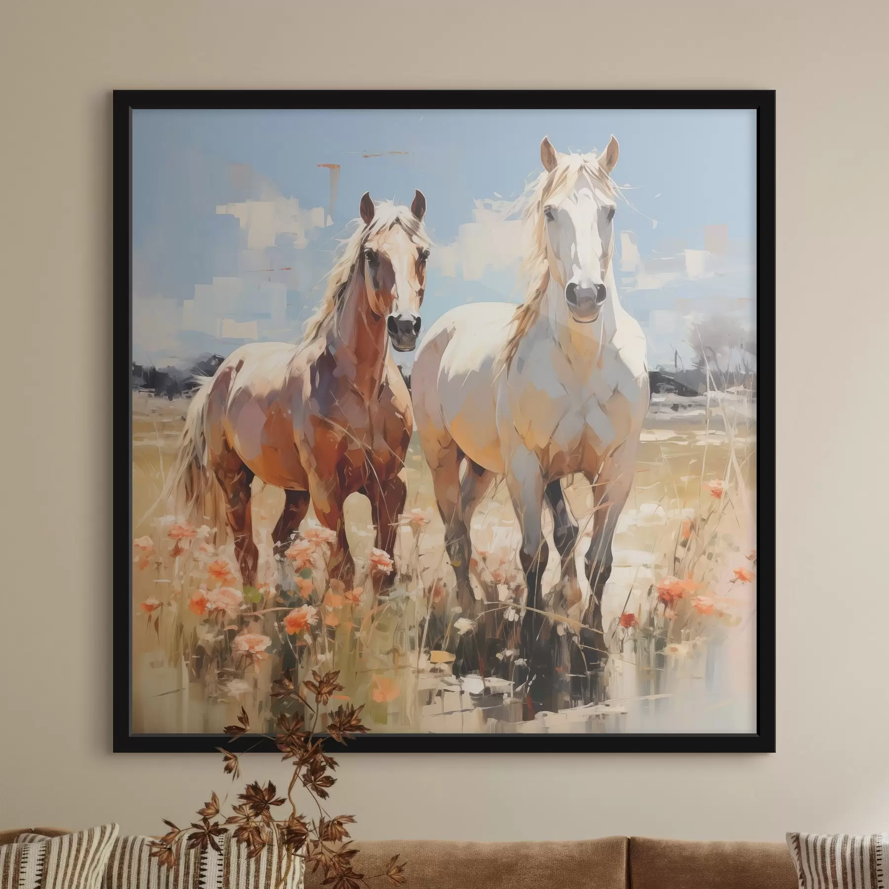 Obraz Bílí a hnědí koně se pasou na louce mezi divokými květinami, olejomalba, abstraktní umění Č. f39187