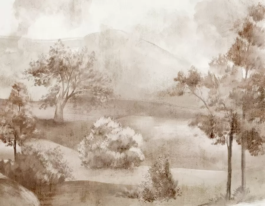 Fototapet Krajinomalba zamlžené krajiny obklopené bujnými stromy a listím v odstínech hnědé w01247