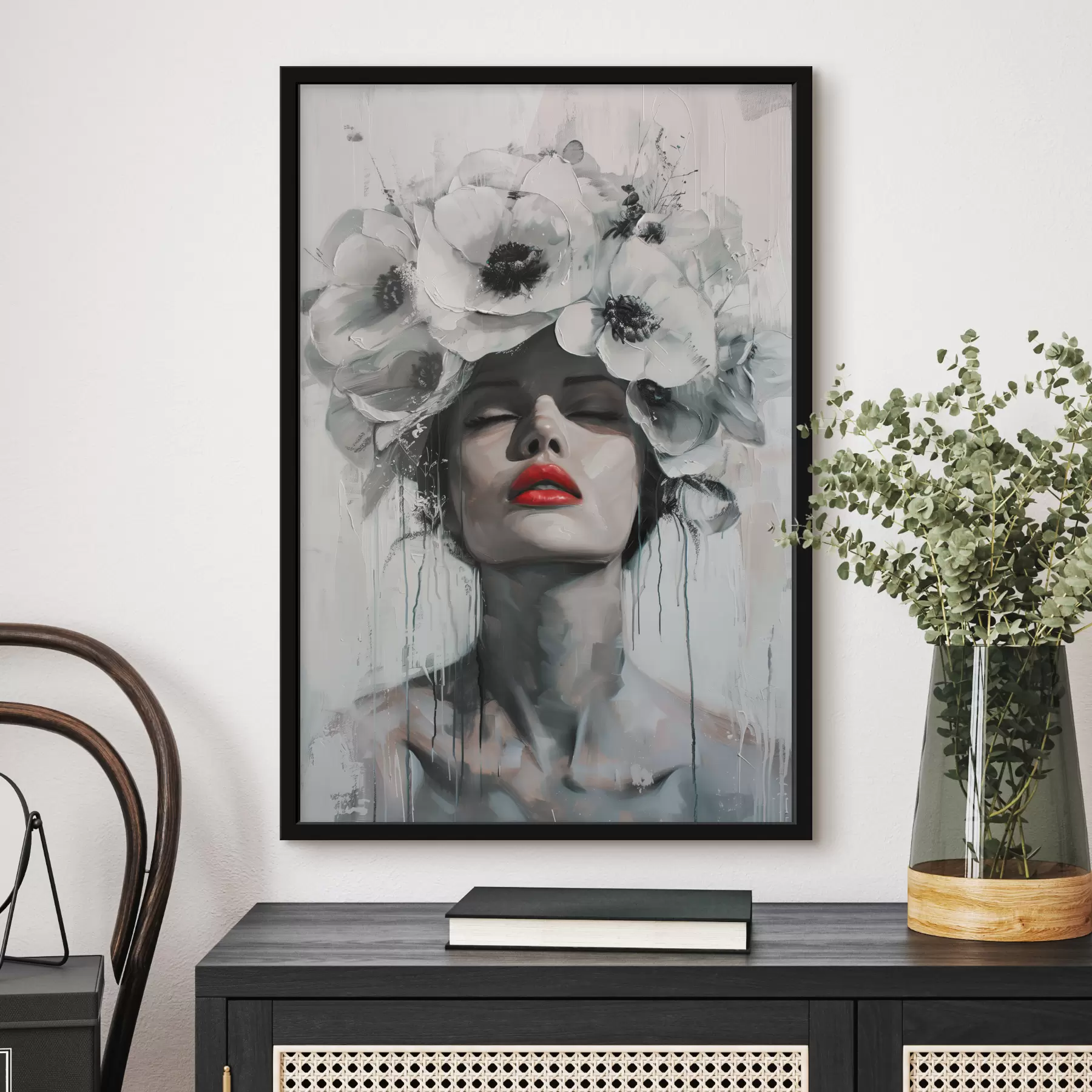 Fototapet Portrét ženy s květinami ve vlasech a červenými rty f39253