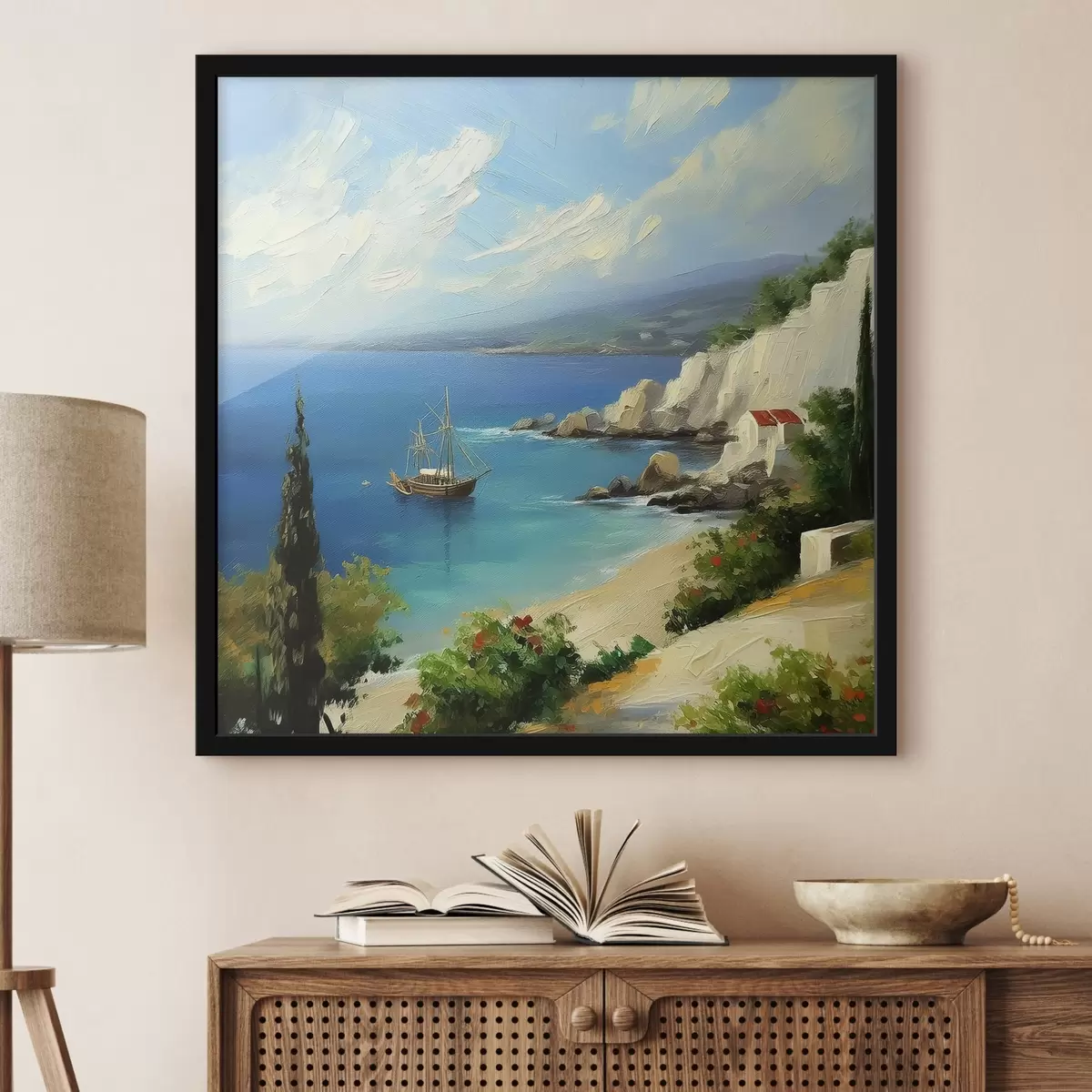 Poster Řecko mořské pobřeží, loď, modrá voda, olejomalba, letní příroda, skály, živé tahy štětcem f39425