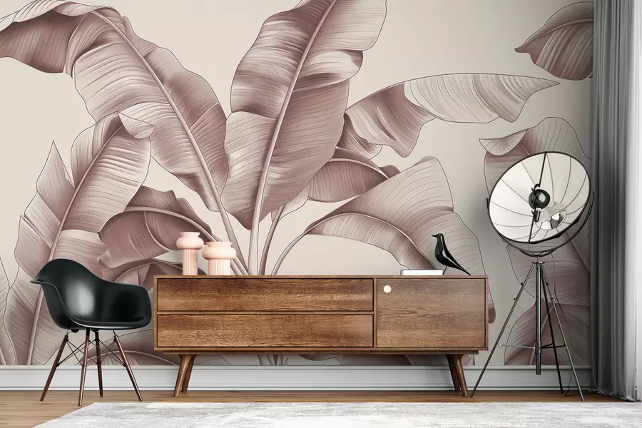 Fototapet nakreslené velké banánové listy v pastelově růžové w07877v1