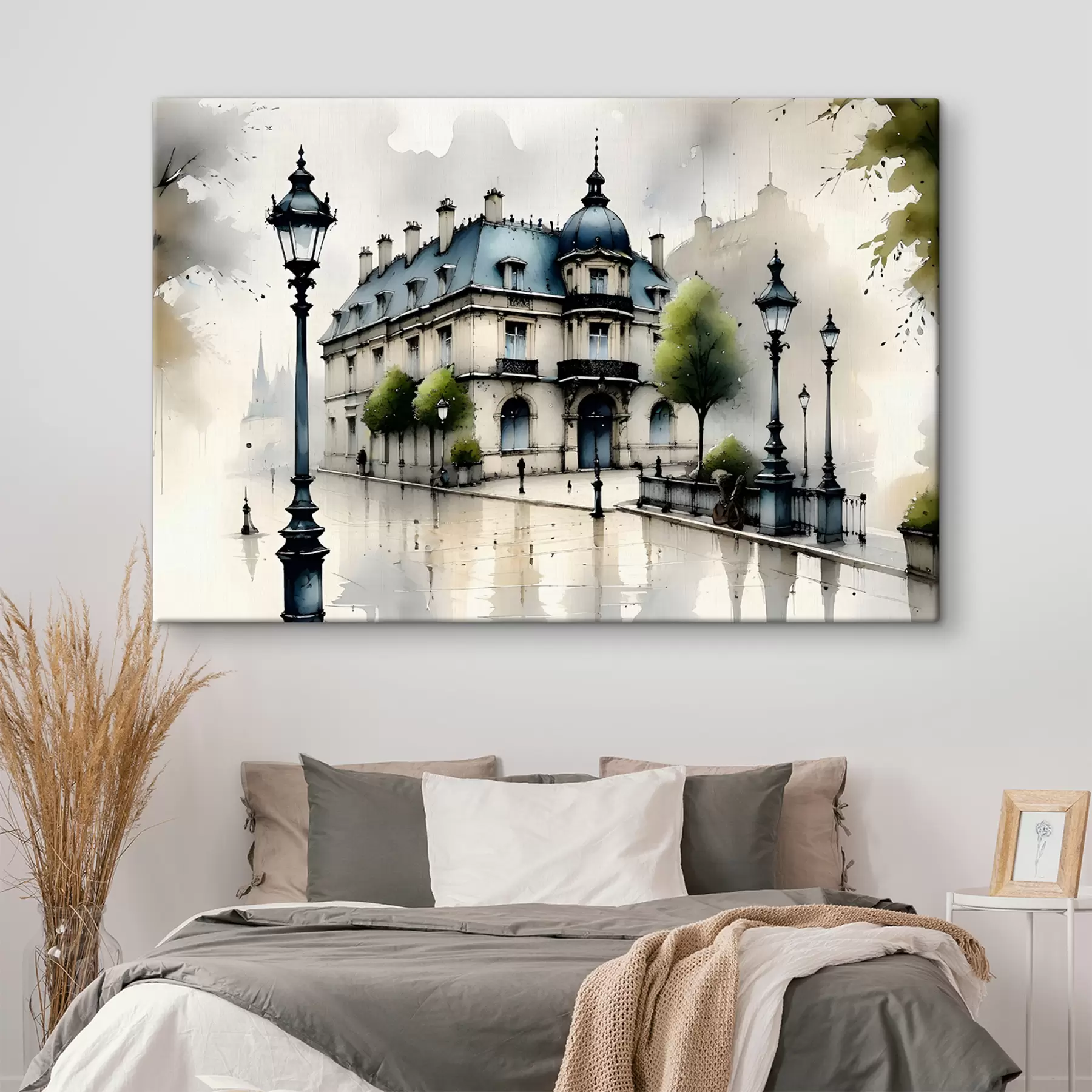 Fototapet Velkolepá budova akvarelu obklopená kandelábry a stromy za deštivého dne s39391