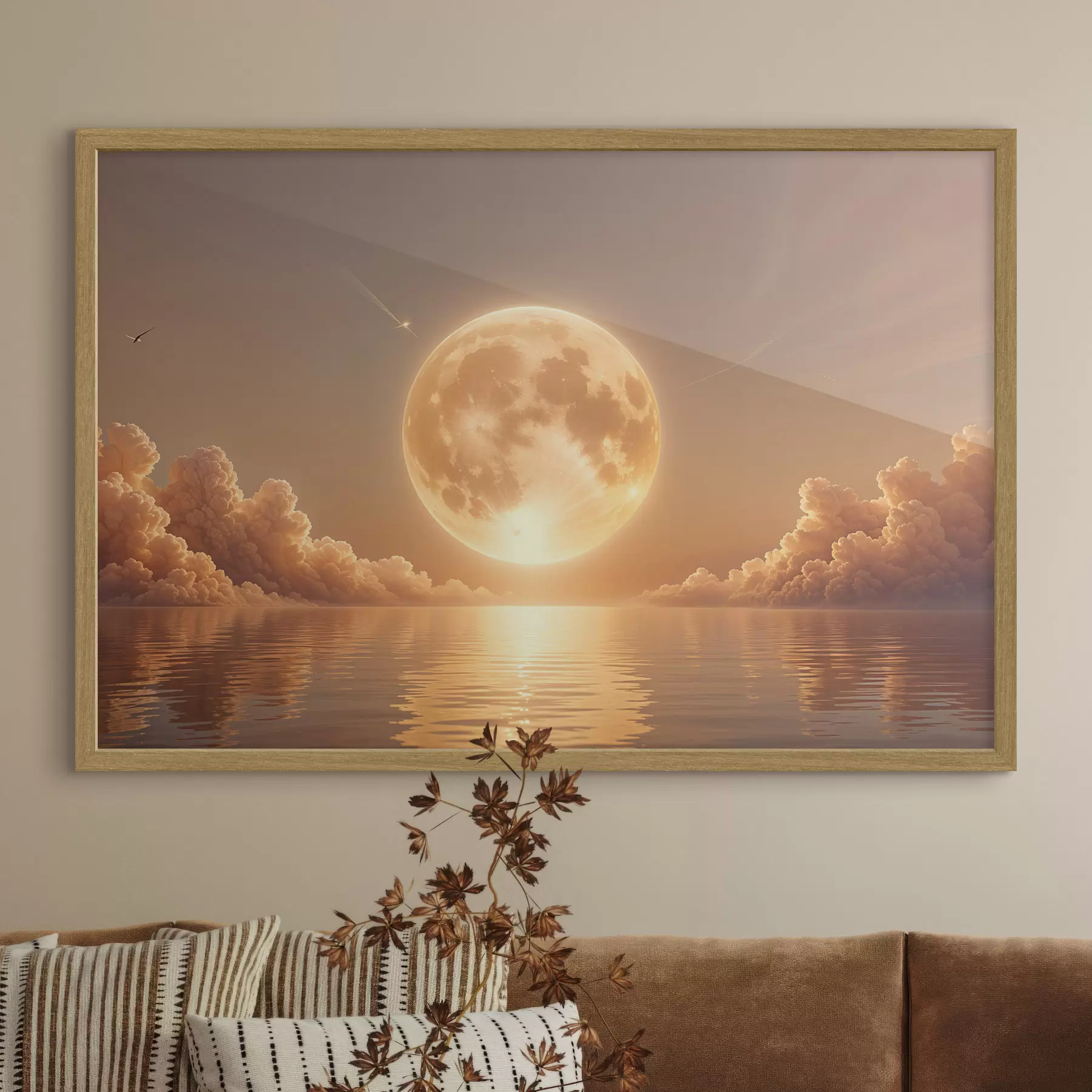 Fototapet Velký, jasný úplněk vycházející nad klidným, reflexním oceánem při západu slunce f39403
