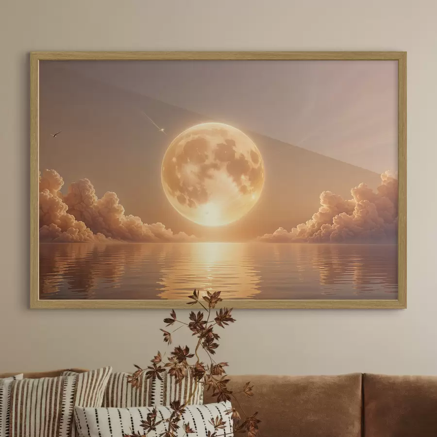 Fototapet Velký, jasný úplněk vycházející nad klidným, reflexním oceánem při západu slunce f39403