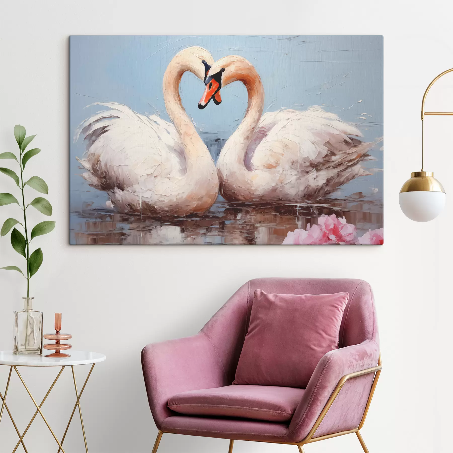 Fototapet Pár bílých labutí na rybníku, olejomalba s39572