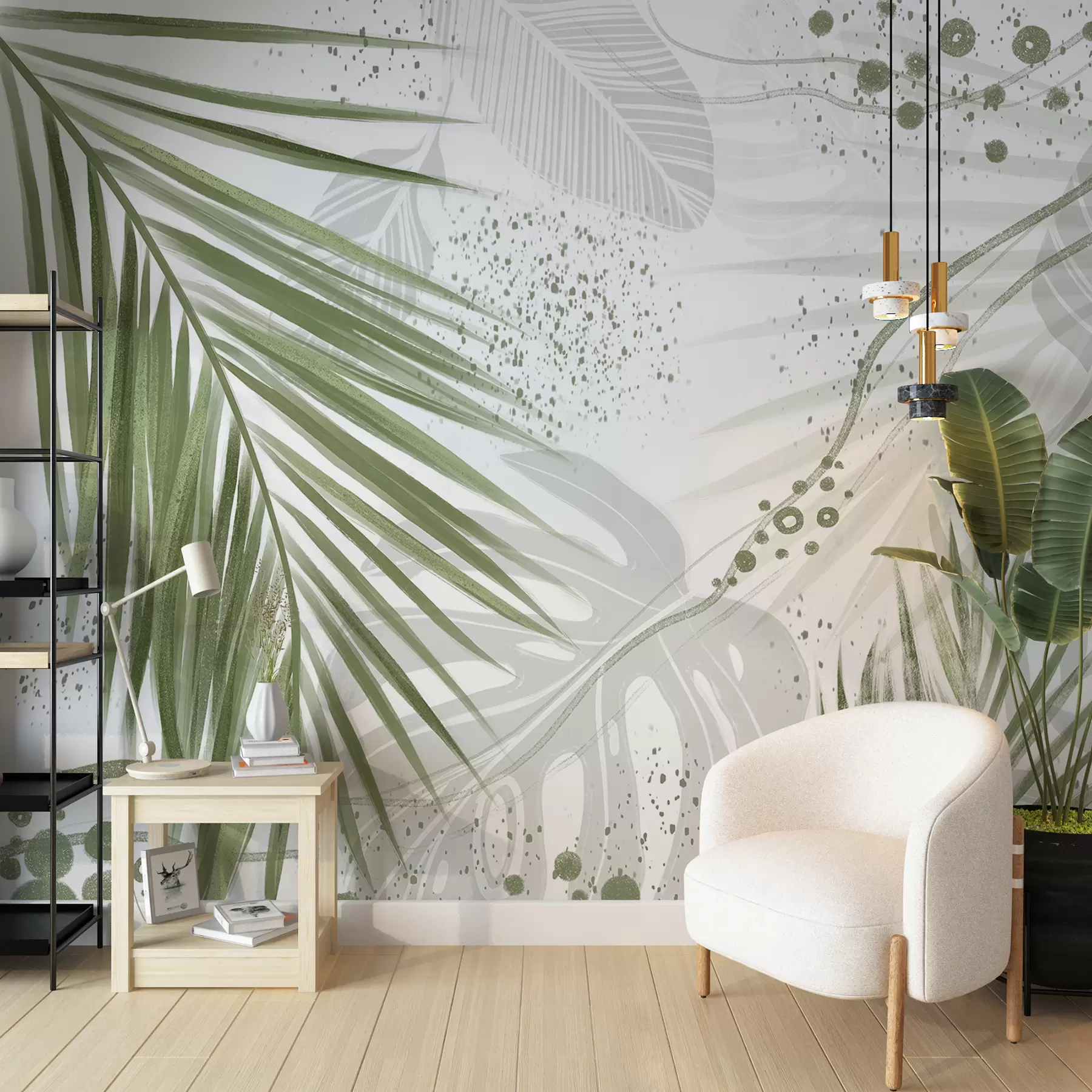 Fototapet Tropické zelené palmové listy a listy s abstraktními tvary a stříkancemi v odstínech zelené a bílé w07918