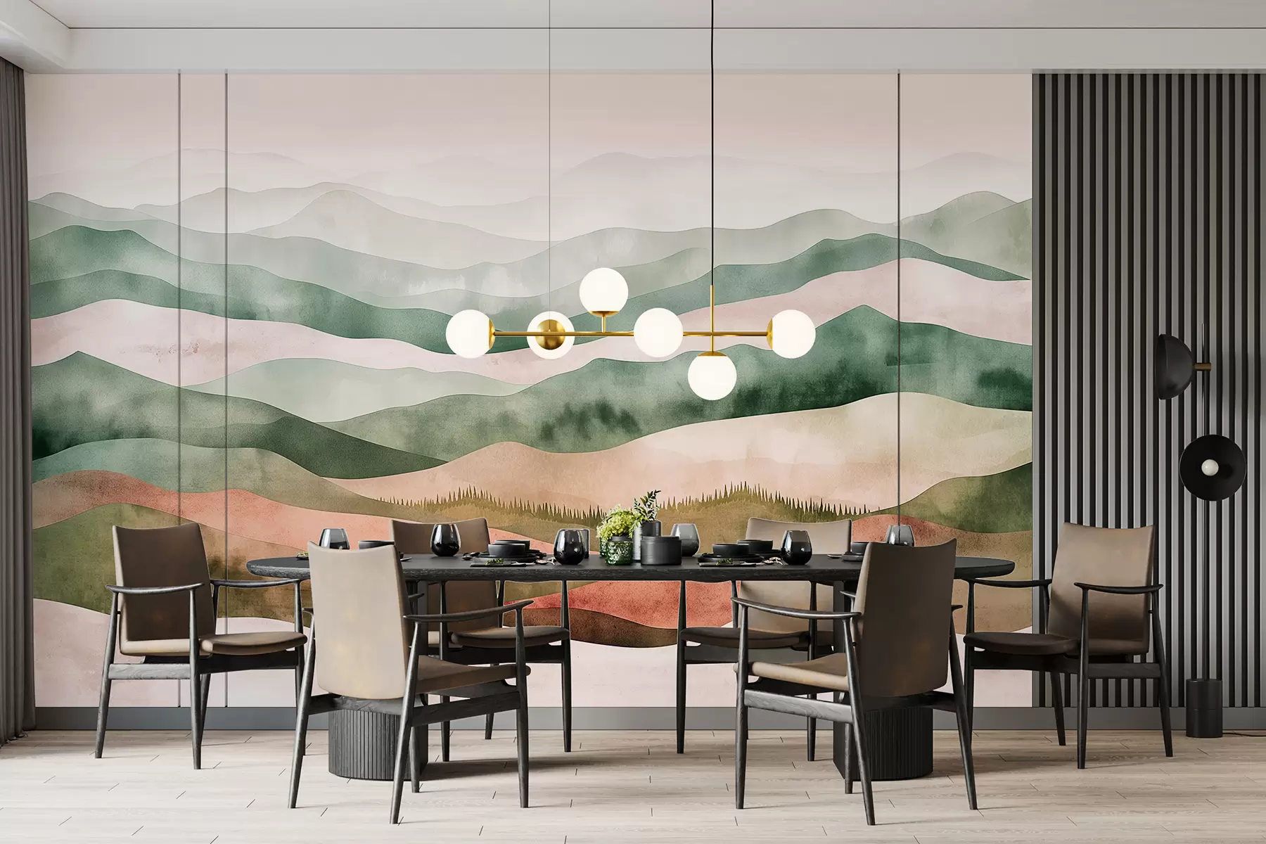 Fototapet Akvarel horské krajiny, les, příroda, zelené a béžové barvy w07950v1