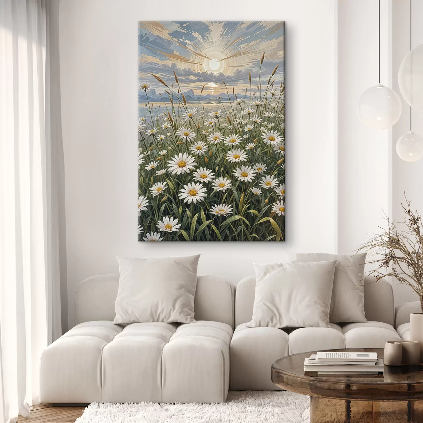 Fototapet Pole bílých květů sedmikrásky v popředí s krajinou hor a zataženou oblohou  s39528