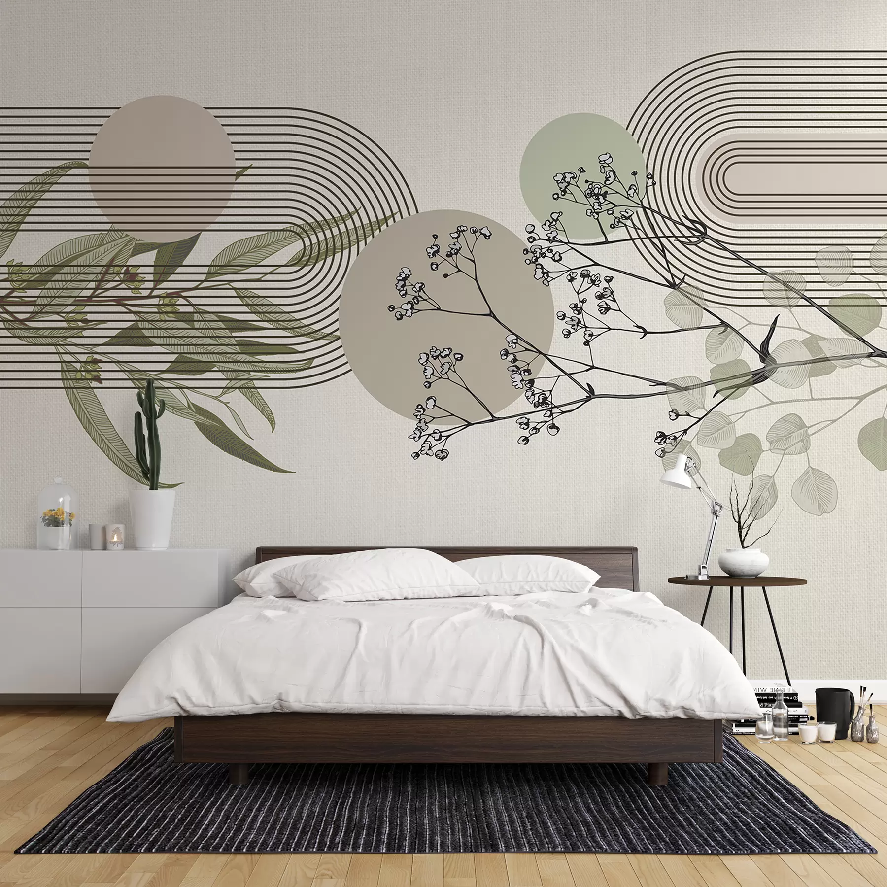 Fototapet Minimalistická abstrakce s organickými tvary, stylizovanými větvemi stromů nebo rostlinami s jemnými květinovými detaily w07979