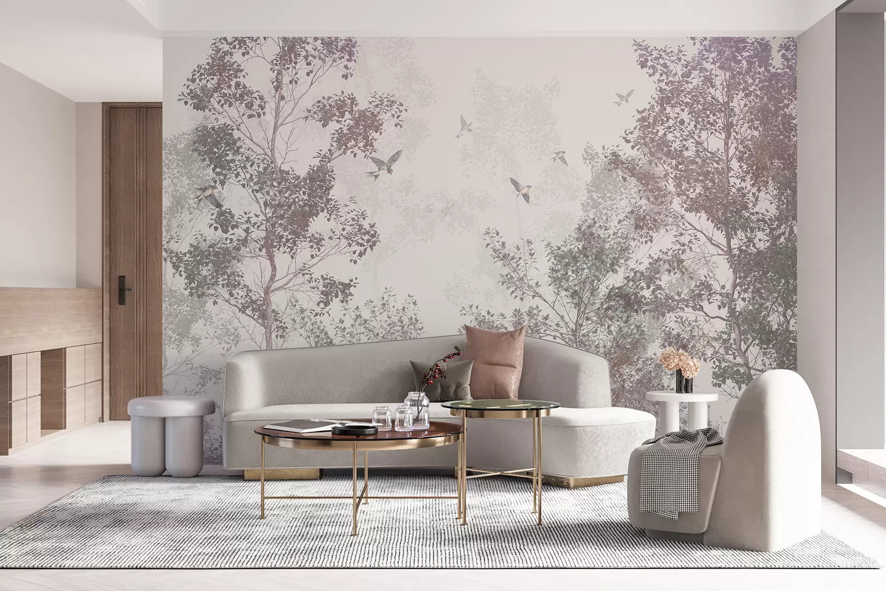 Fototapet Stromy s hnědými a šedými listy a větvemi s ptáky letícími na obloze, bílé pozadí w07982