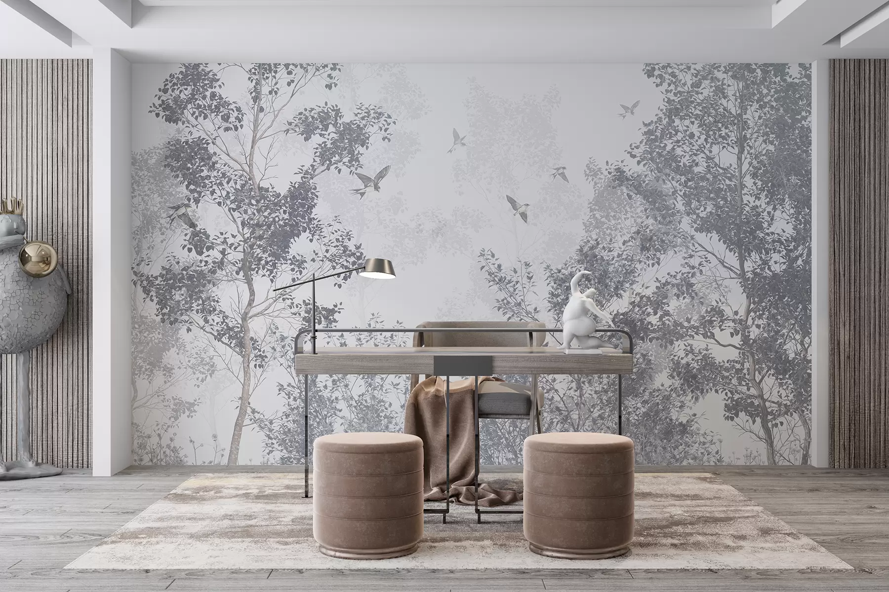 Fototapet Stromy s šedými listy a větvemi s ptáky létajícími na obloze, bílé pozadí w07982v1