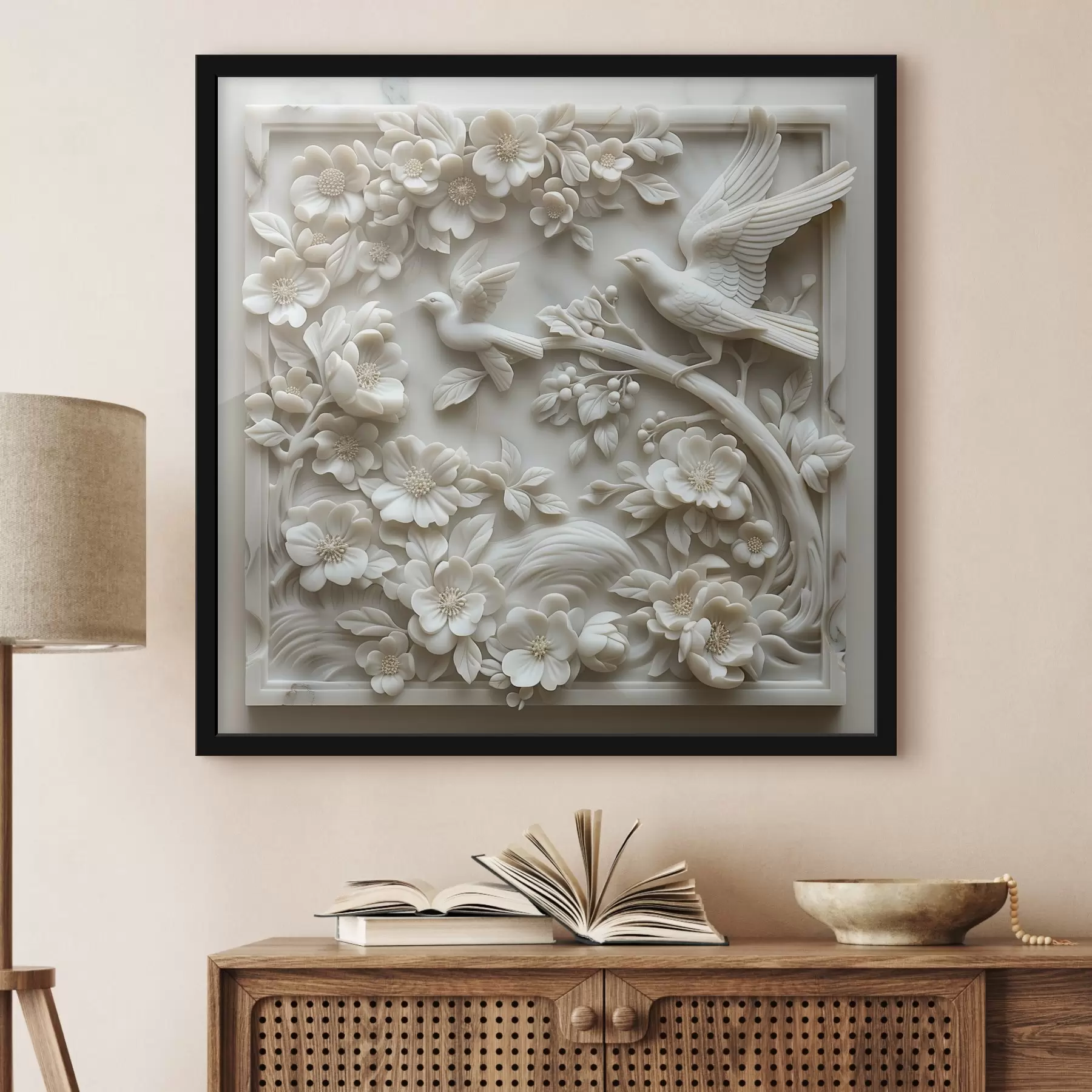 Fototapet Bílá mramorová zahrada s reliéfy ptáků a květin f39728