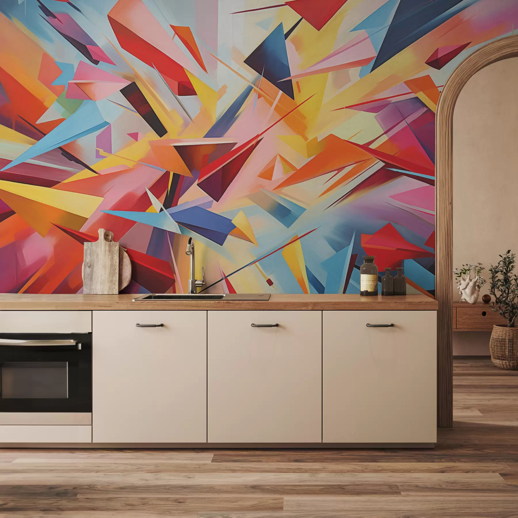 Fototapet Chaotická abstrakce geometrických tvarů, růžová, modrá, žlutá w08030