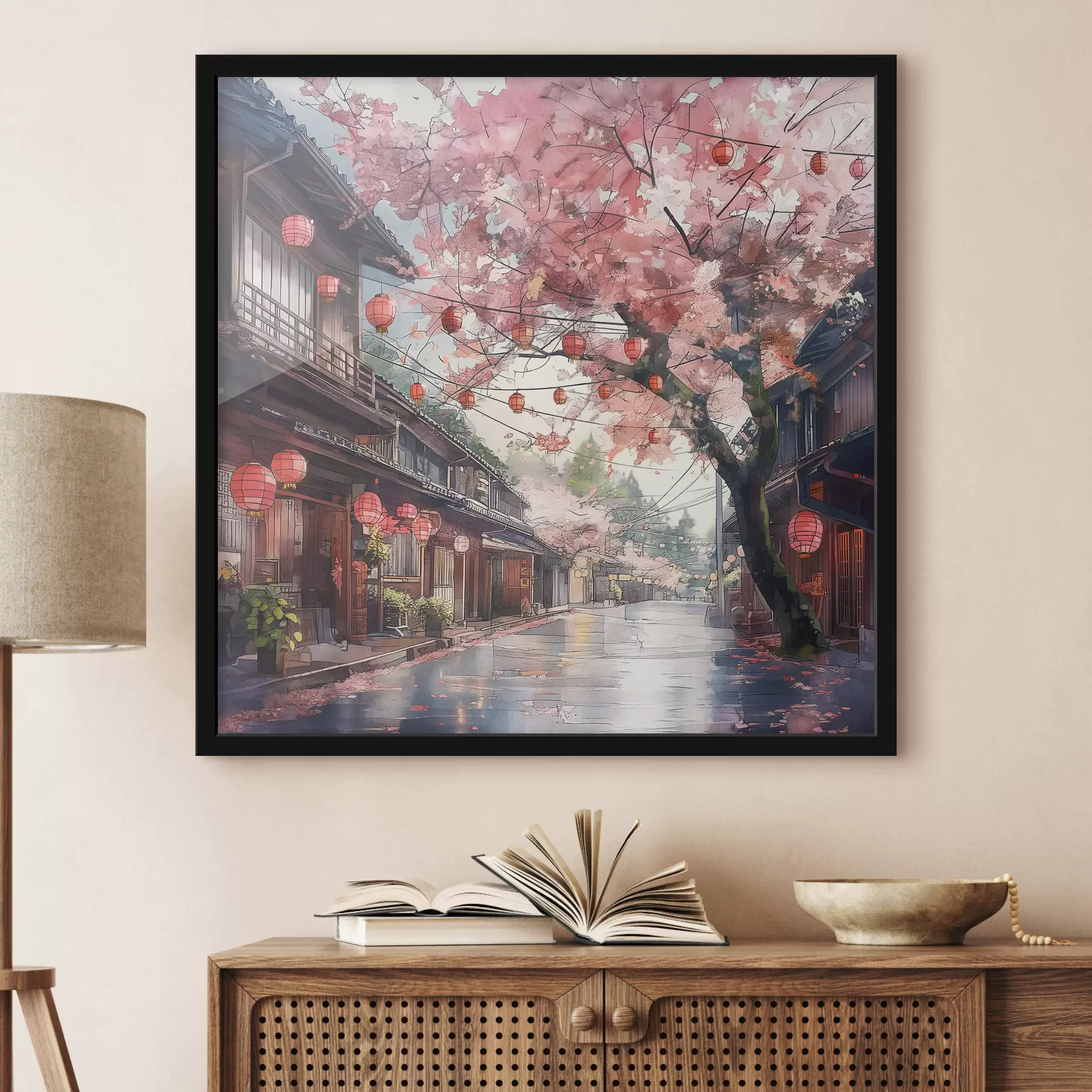 Obraz Japonská ulice s kvetoucími třešněmi, orientální architektura, lucerny Č. f39774