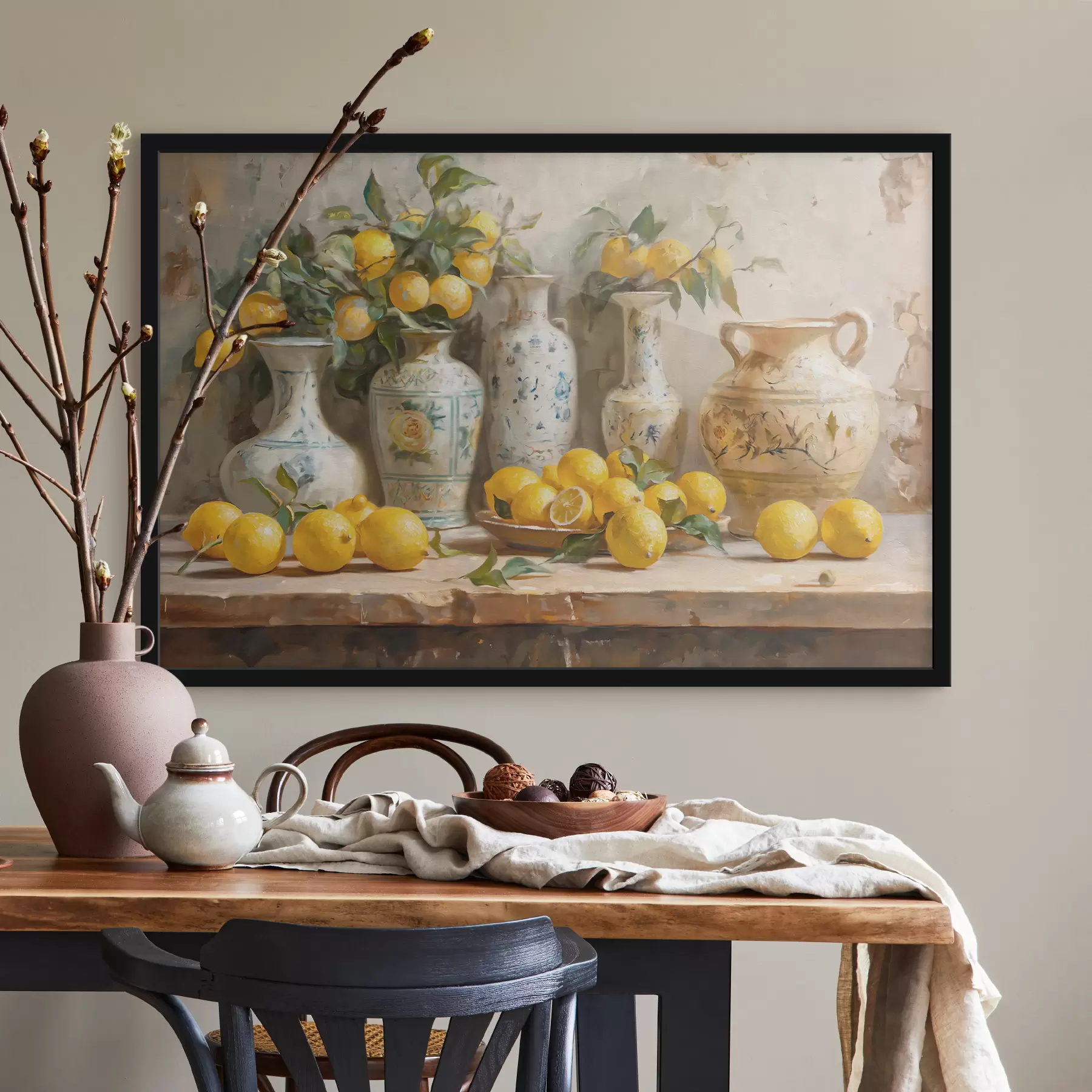 Obraz Citrony a vintage vázy na stole Č. f39833