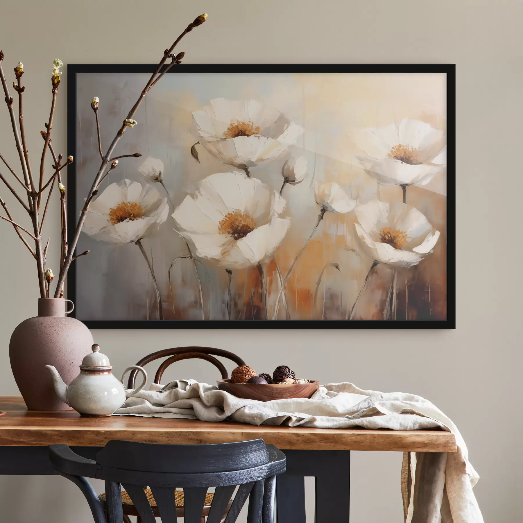 Fototapet Olejomalba bílé vlčí máky, modrá a oranžová barva f39815