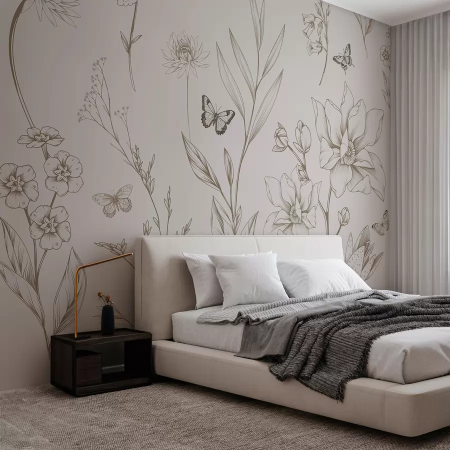 Fototapet Boho Monochrome Flowers and Butterflies v béžové barvě w08088v1