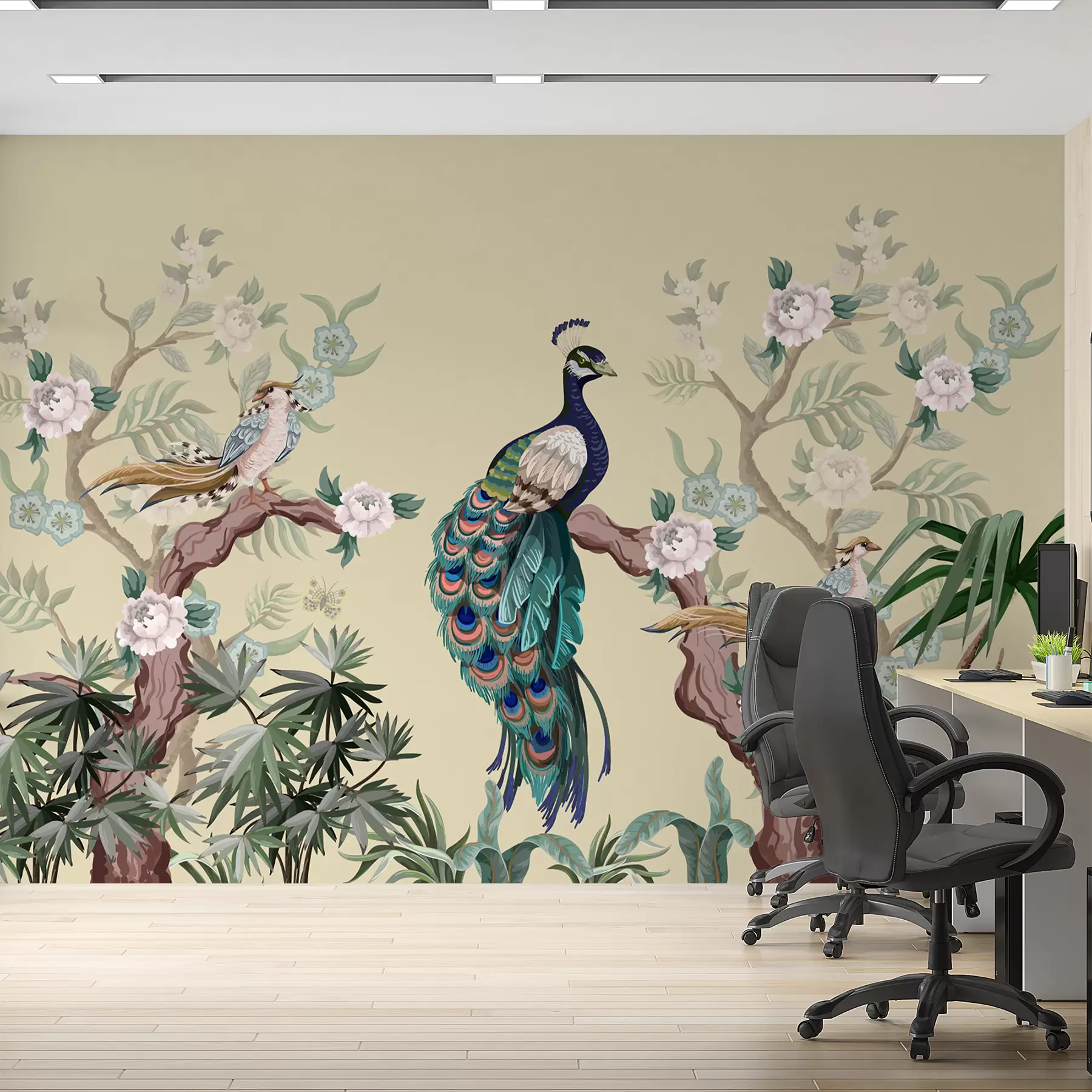 Fototapet páv na stromě, béžové pozadí w08168