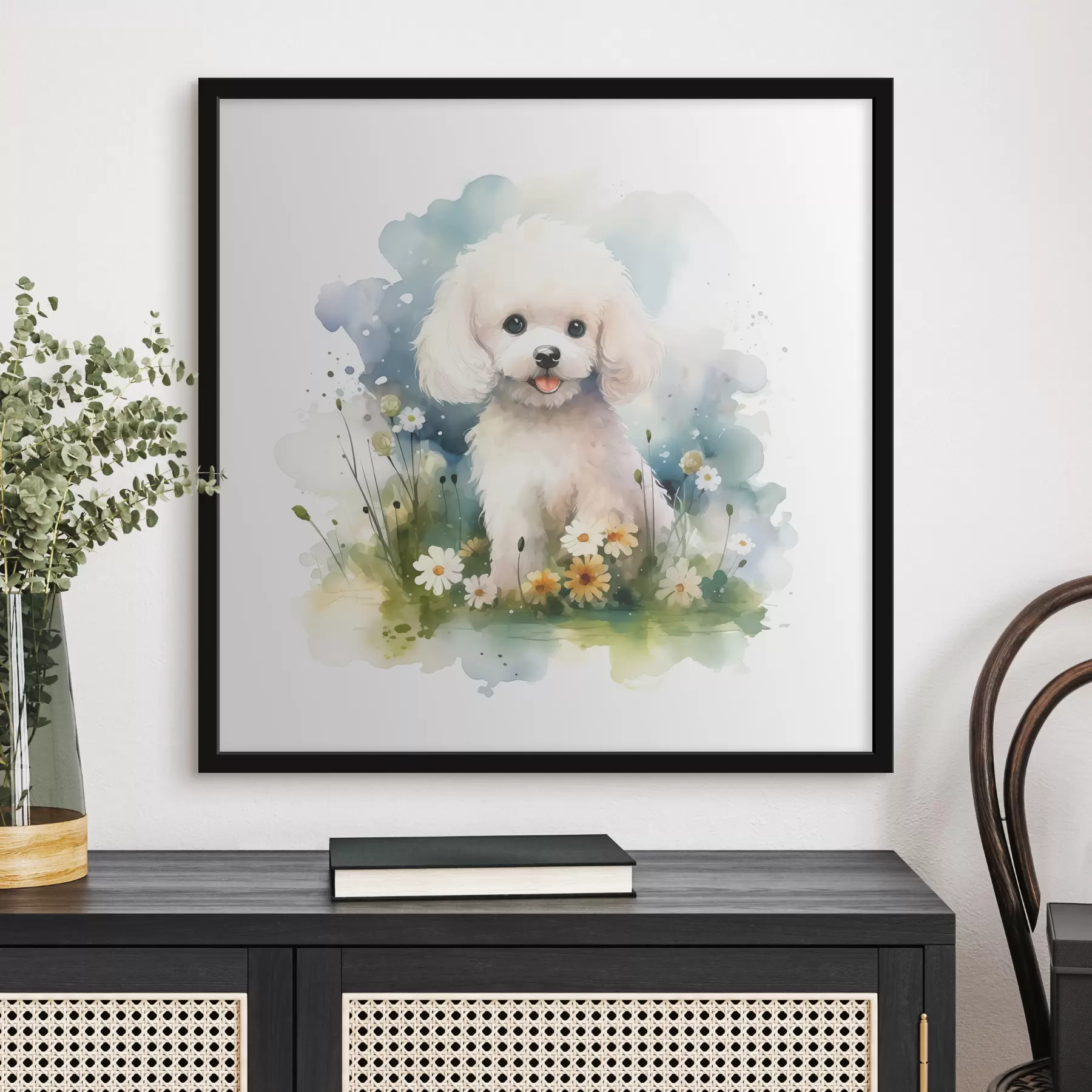 Fototapet Malý bílý pudl sedící v akvarelu květin f39928