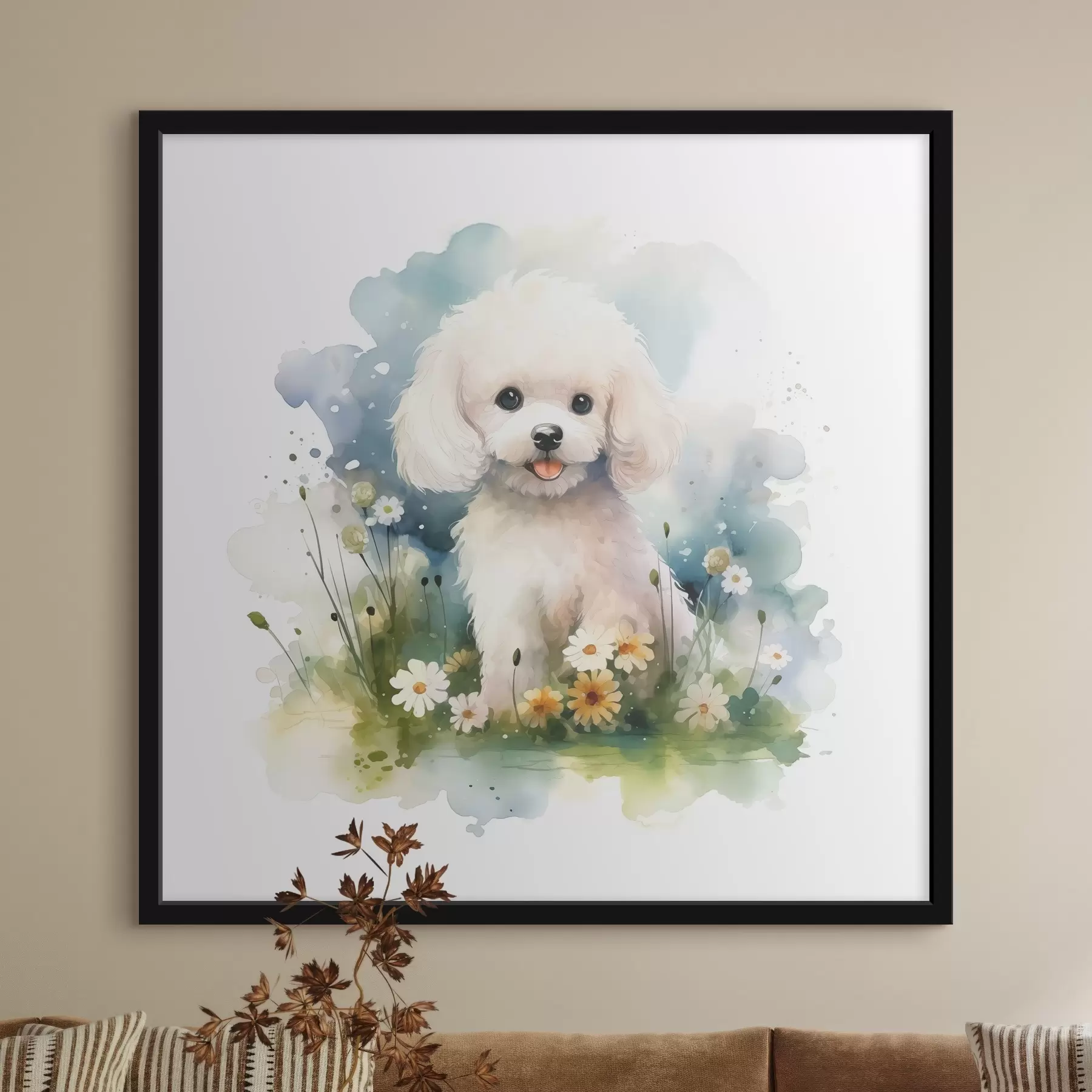 Fototapet Malý bílý pudl sedící v akvarelu květin f39928
