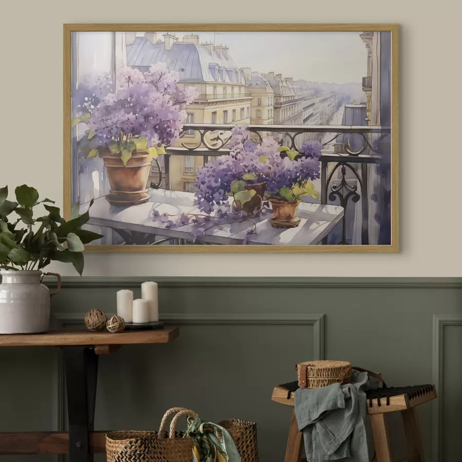 Fototapet Fialky v květináči na balkóně v akvarelu Paříž f39931