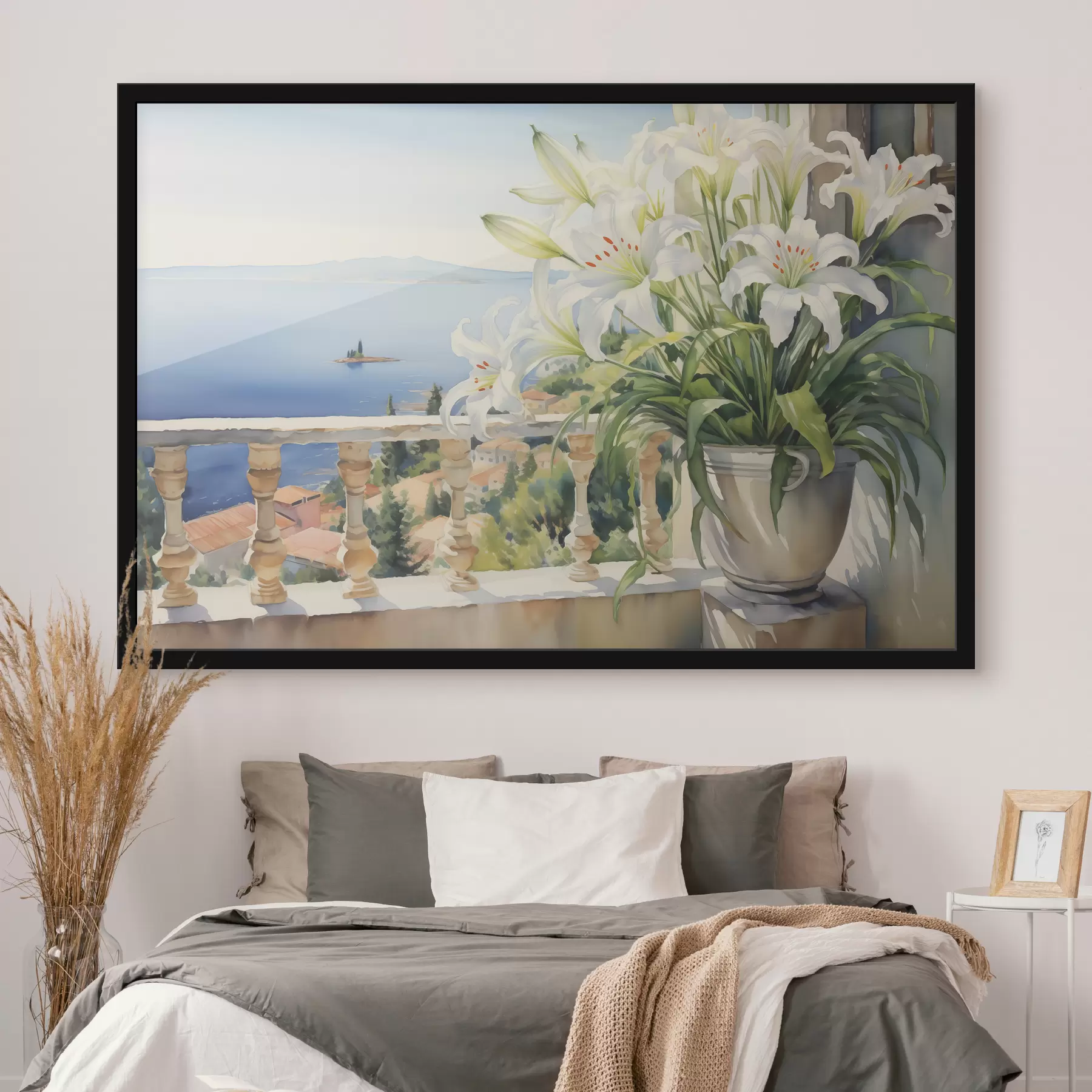 Fototapet Bílé lilie v květináči na balkóně na pozadí akvarelu zálivu f39932