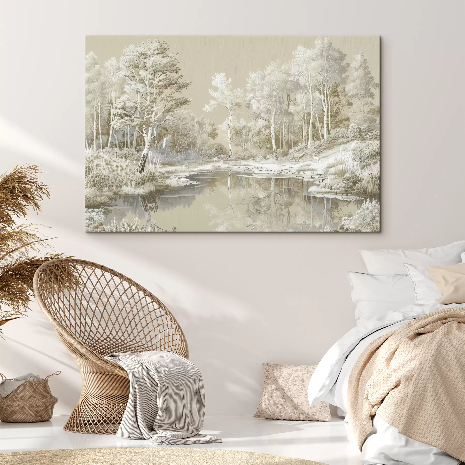 Fototapet Krásná lesní krajina, rybník a stromy, béžové a bílé barvy s39979