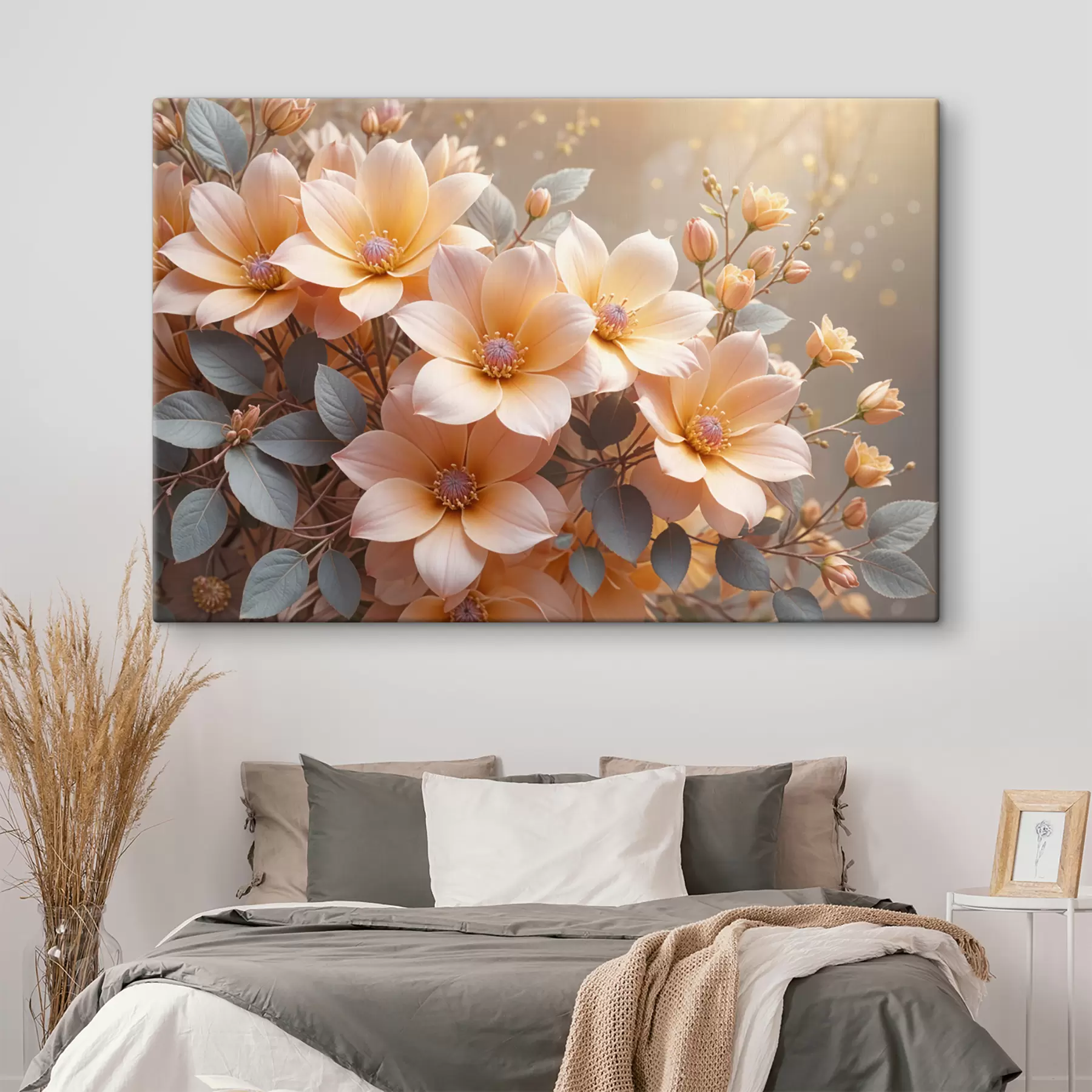 Fototapet Jemné květy jiřinek broskvové barvy v plném květu s měkkými okvětními lístky na rozmazaném pozadí  s40024