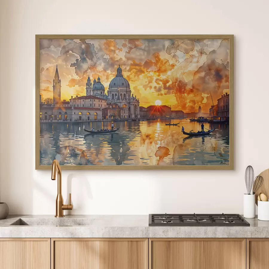 Fototapet Barevný a dramatický západ slunce nad Canal Grande v Benátkách, Itálie akvarel umění f40027