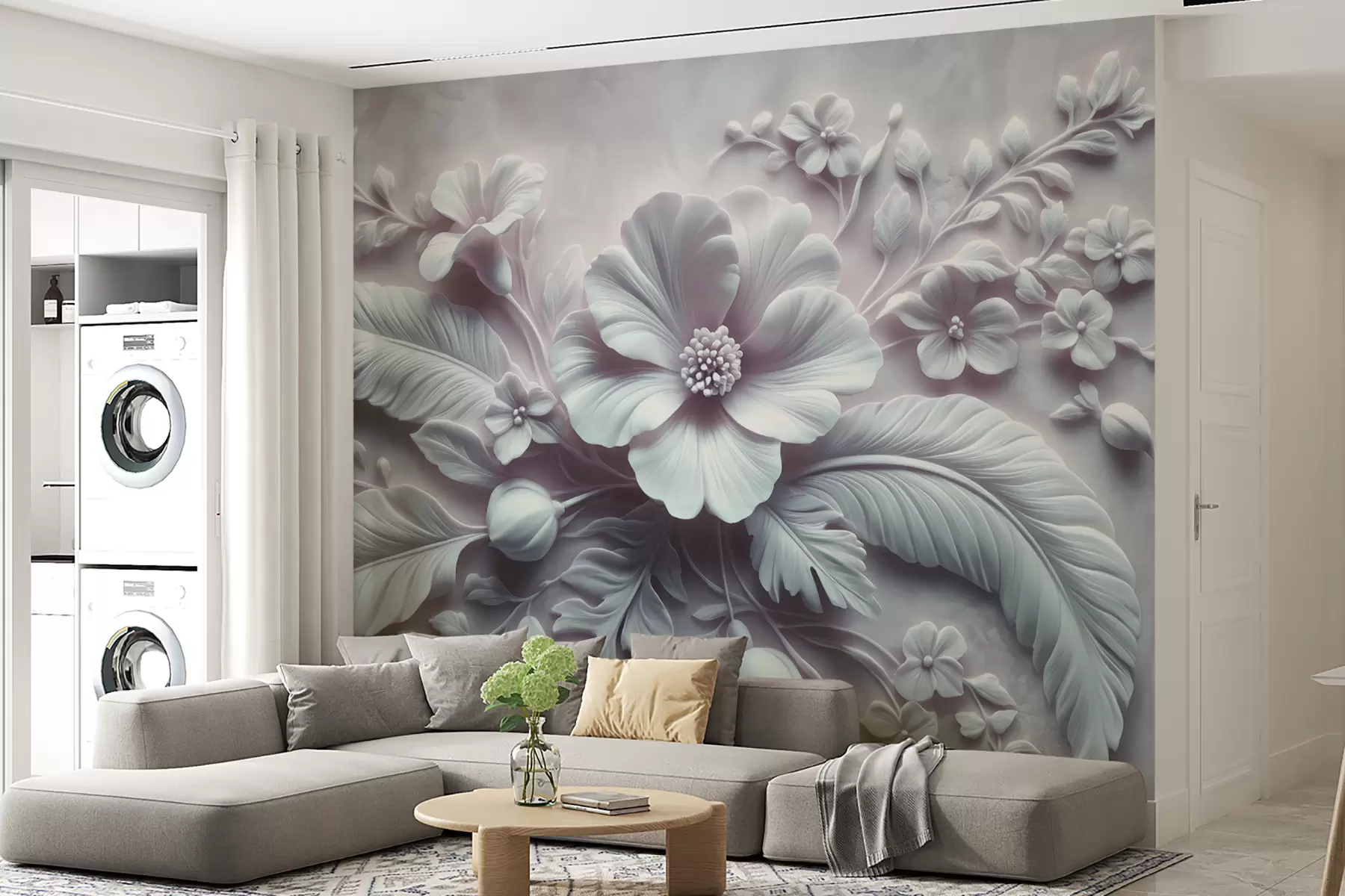 Fototapet 3D reliéfní nástěnné umění s peřím a květinami s velkým mákem ve světle modrých barvách w01340v2