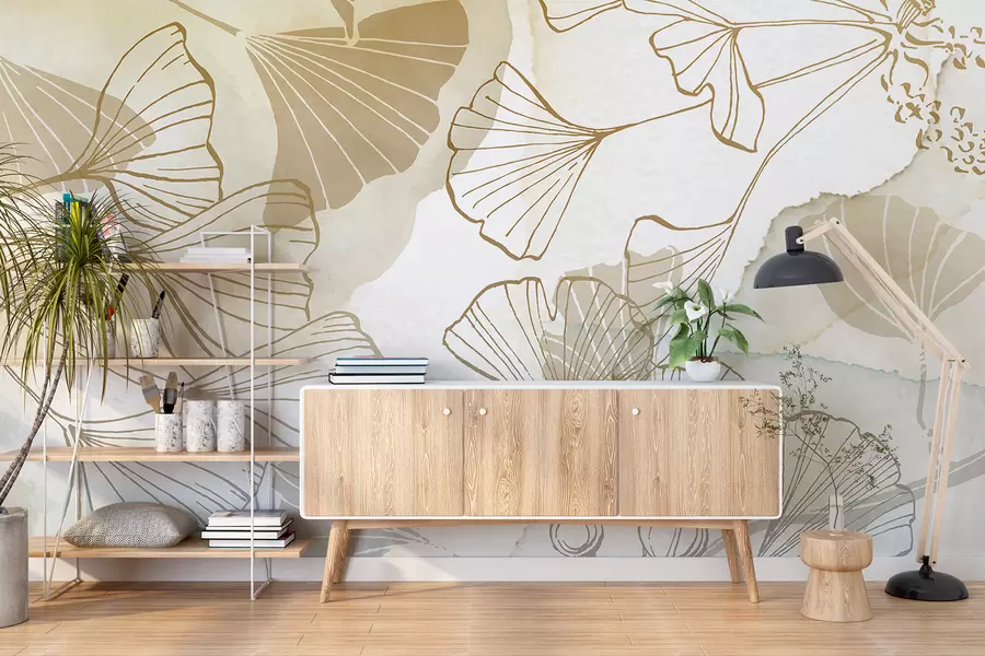 Fototapet Vzorek jemných listů ginkgo v odstínech béžové, hnědé a modré na světlém pozadí w08157