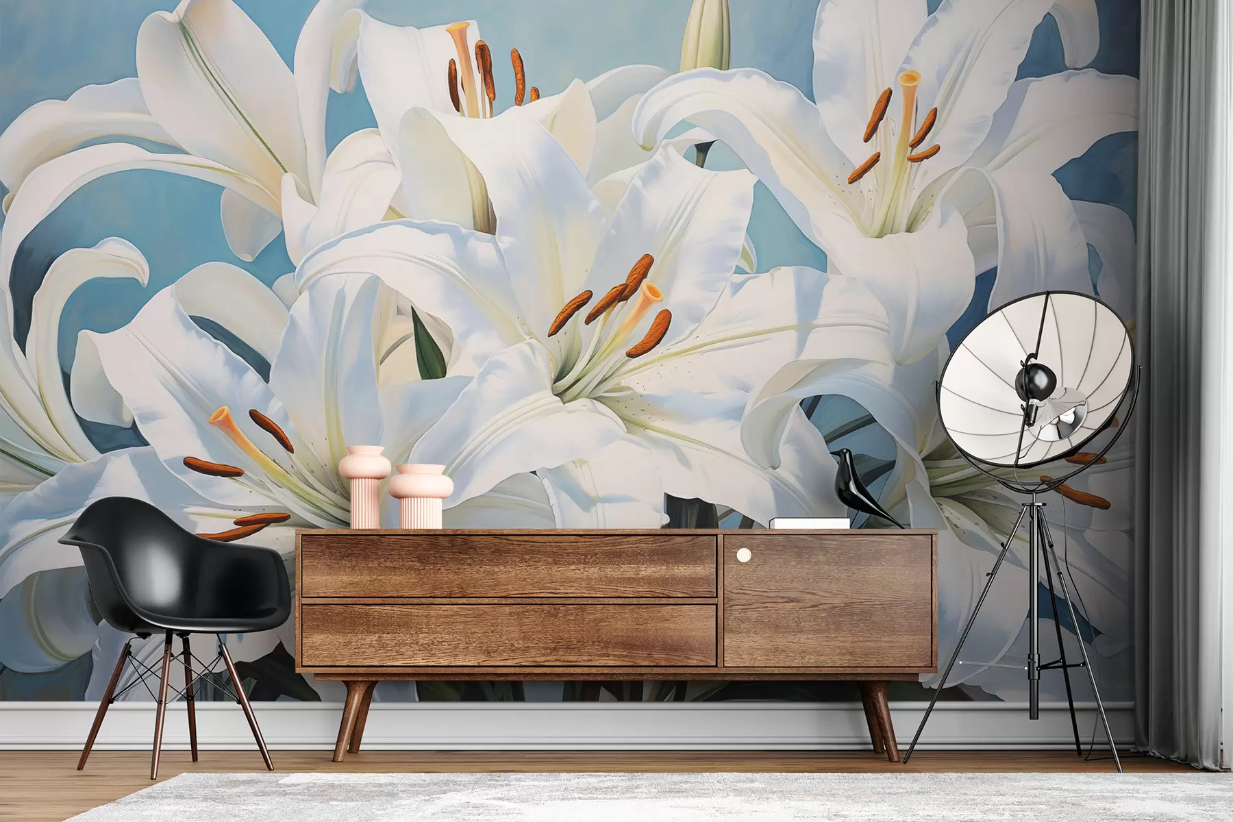 Fototapet Bílé kvetoucí lilie na modrém pozadí w01209