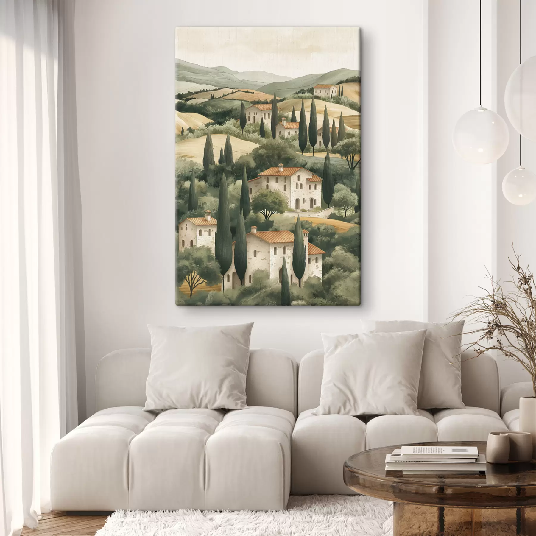 Fototapet Toskánská krajina s vintage domy, pastelové barvy, kopce a stromy, rustikální s40082