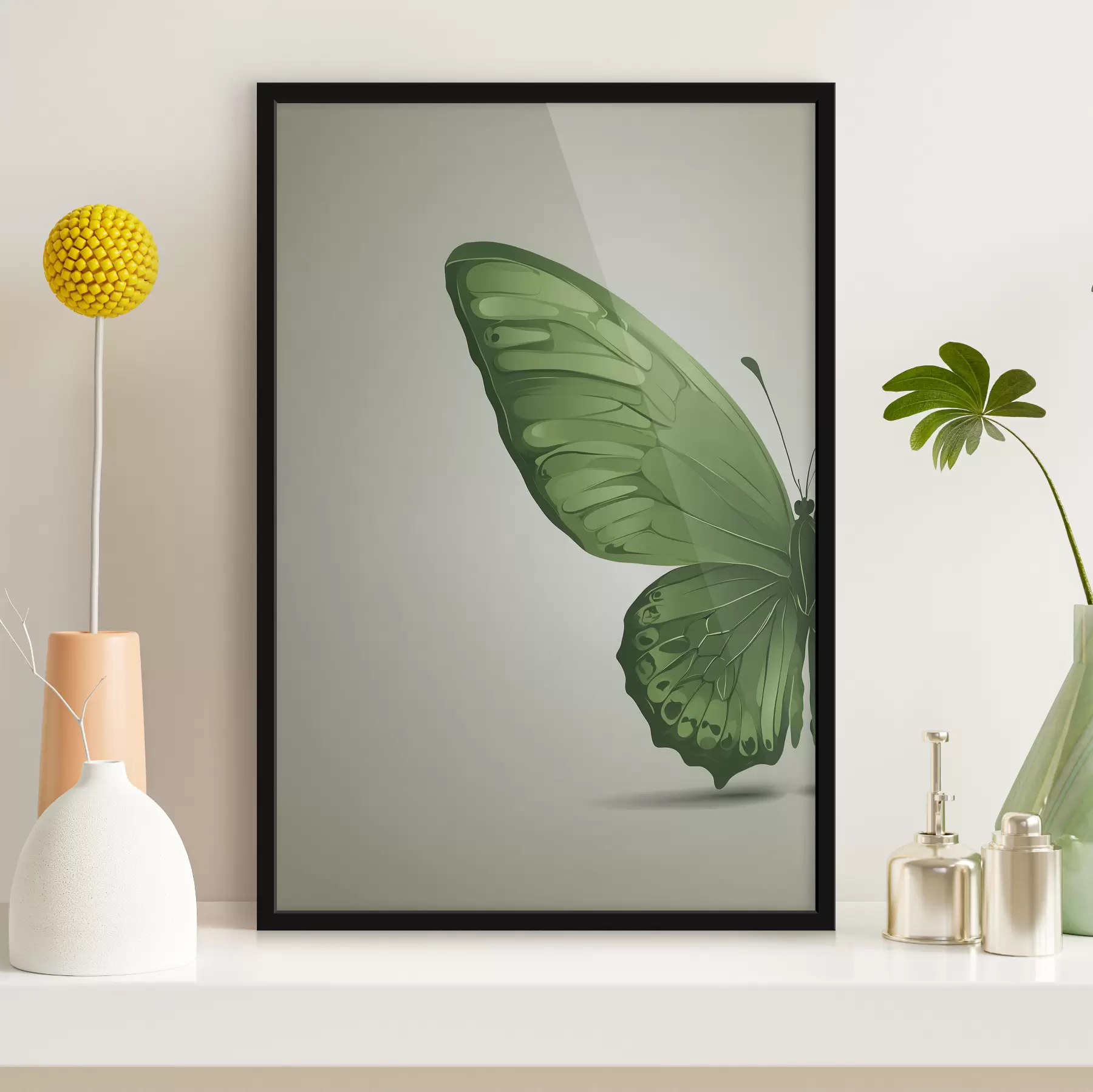 Obraz Levé křídlo zeleného motýla na bílém pozadí Č. f40062