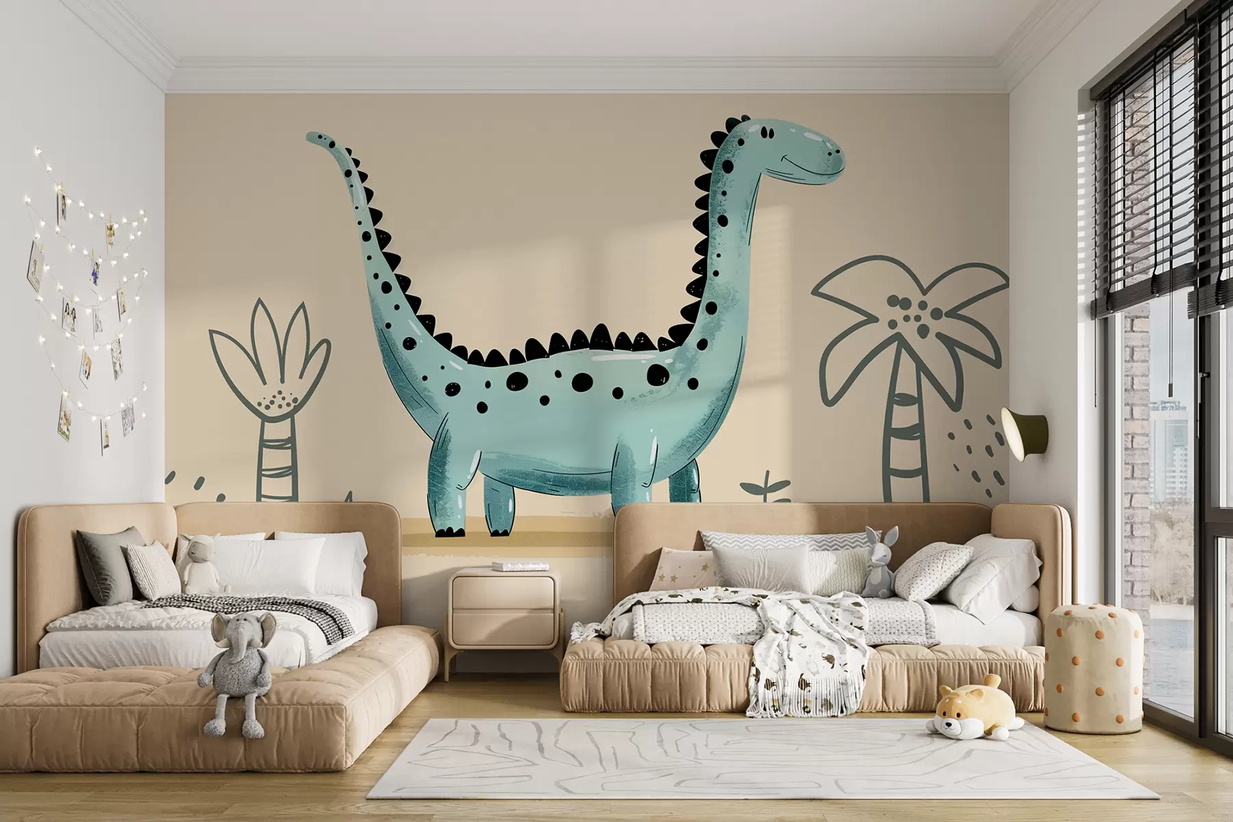 Fototapet Roztomilý dinosaurus na béžovém pozadí s palmami w01357v1