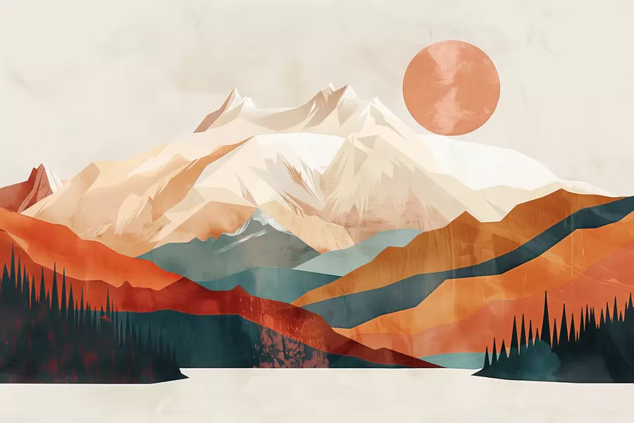 Fototapet Boho blaženost: klidná krajina hor, stromů a slunce w01358