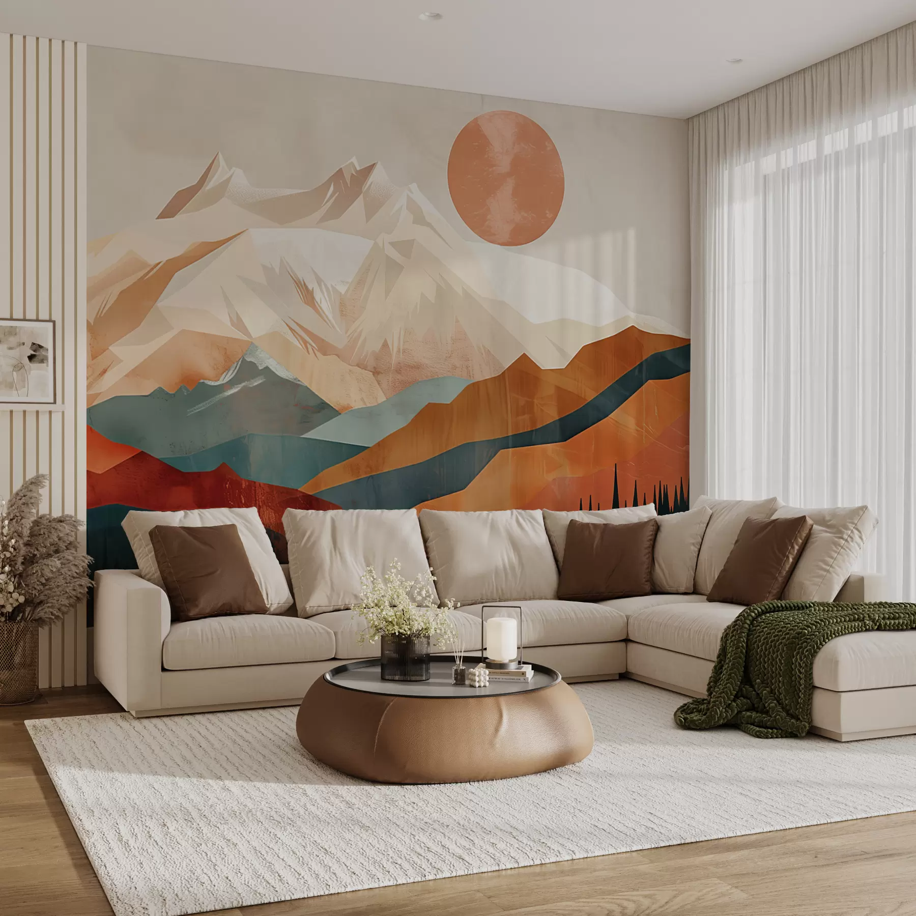 Fototapet Boho blaženost: klidná krajina hor, stromů a slunce w01358