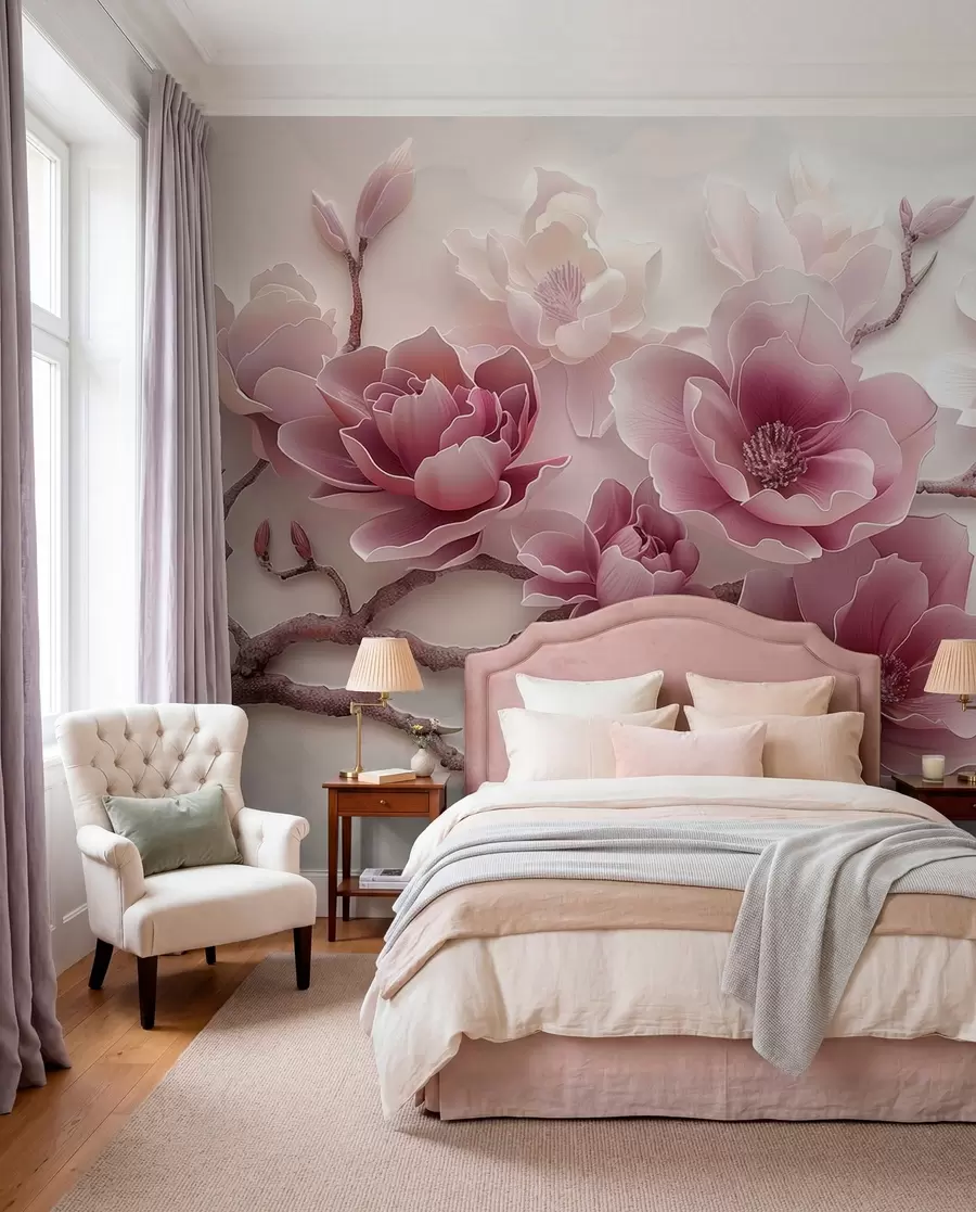 Fototapet Růžové reliéfní květy magnólie na elegantní větvi w01359v2
