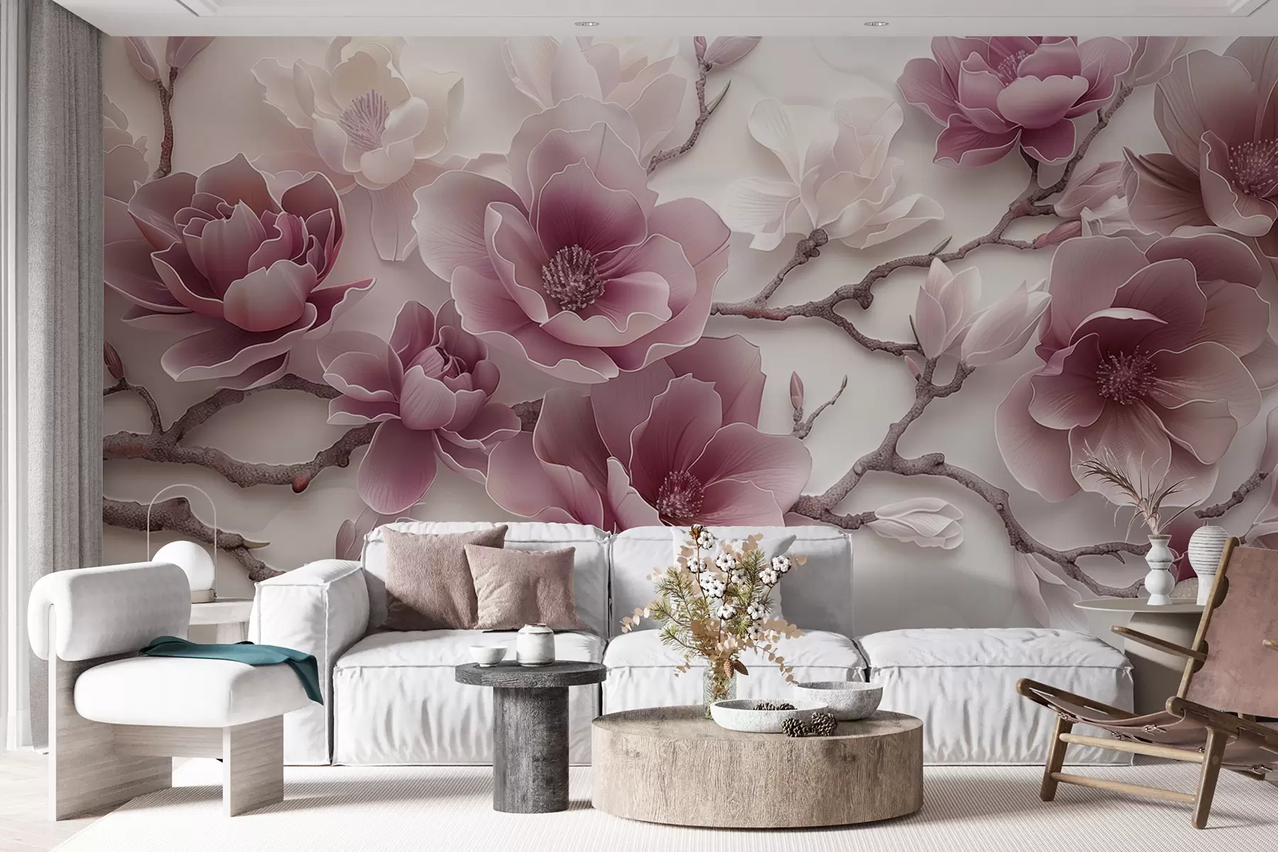 Fototapet Růžové reliéfní květy magnólie na elegantní větvi w01359v2