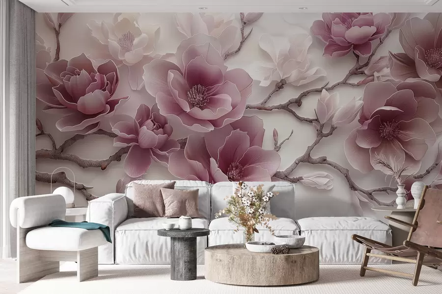 Fototapet Růžové reliéfní květy magnólie na elegantní větvi w01359v2