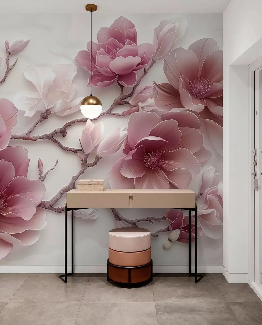 Fototapet Růžové reliéfní květy magnólie na elegantní větvi w01359v2