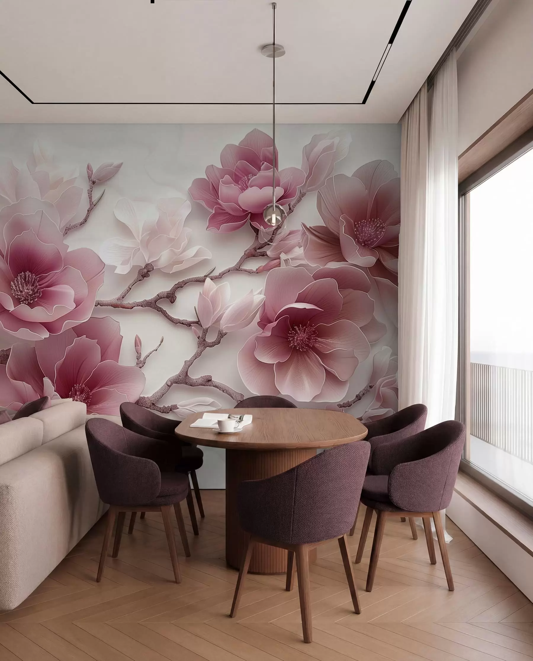 Fototapet Růžové reliéfní květy magnólie na elegantní větvi w01359v2
